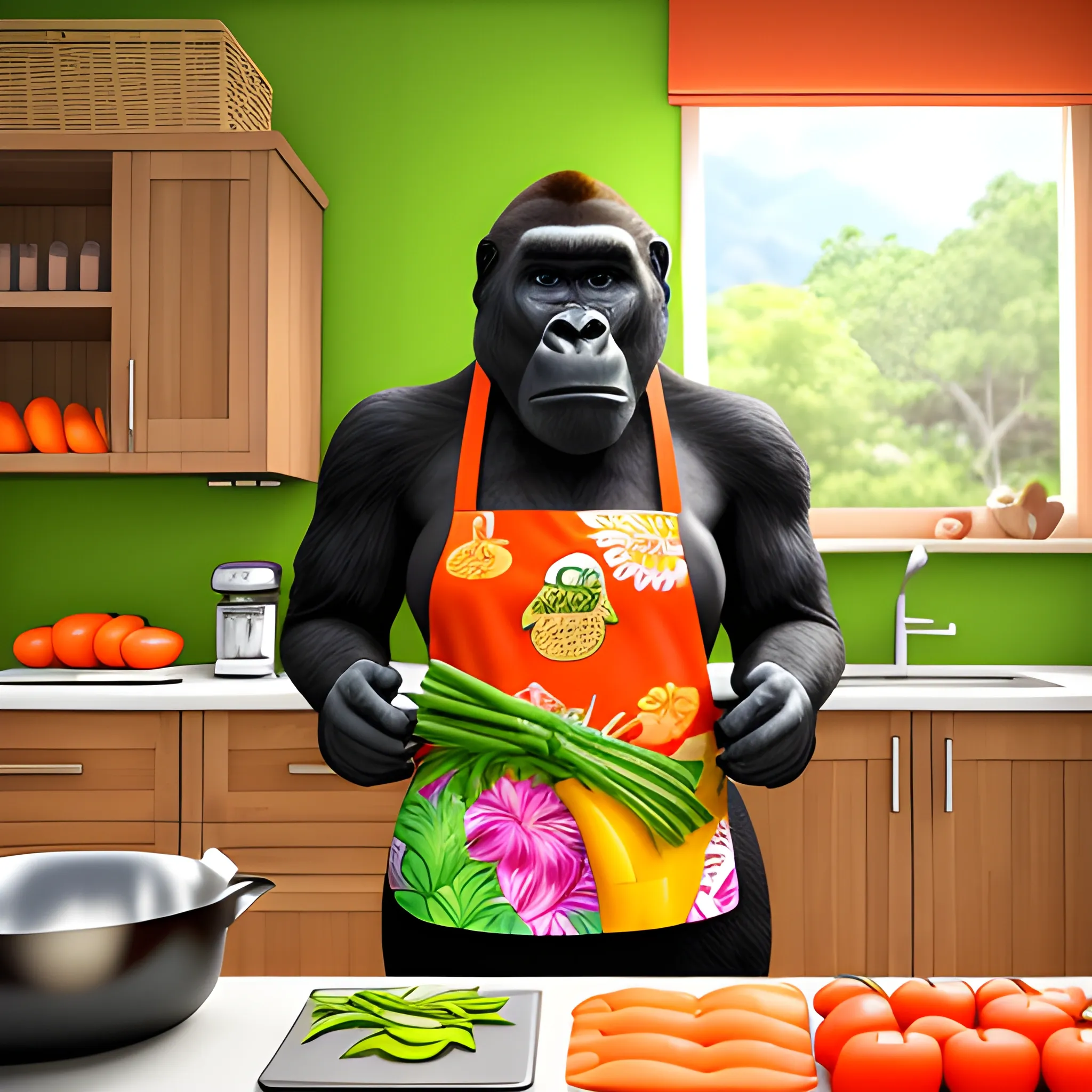 cooking female gorilla with hawaiian colorful apron, many vegetables, full body, shef gorilla, shorts, kitchen, eating bananas, cooking in the kitchen, greate cooking, apron, carrots, highly detailed, photographic, bueatiful kitchen background, vegetables, light kitchen, 3D