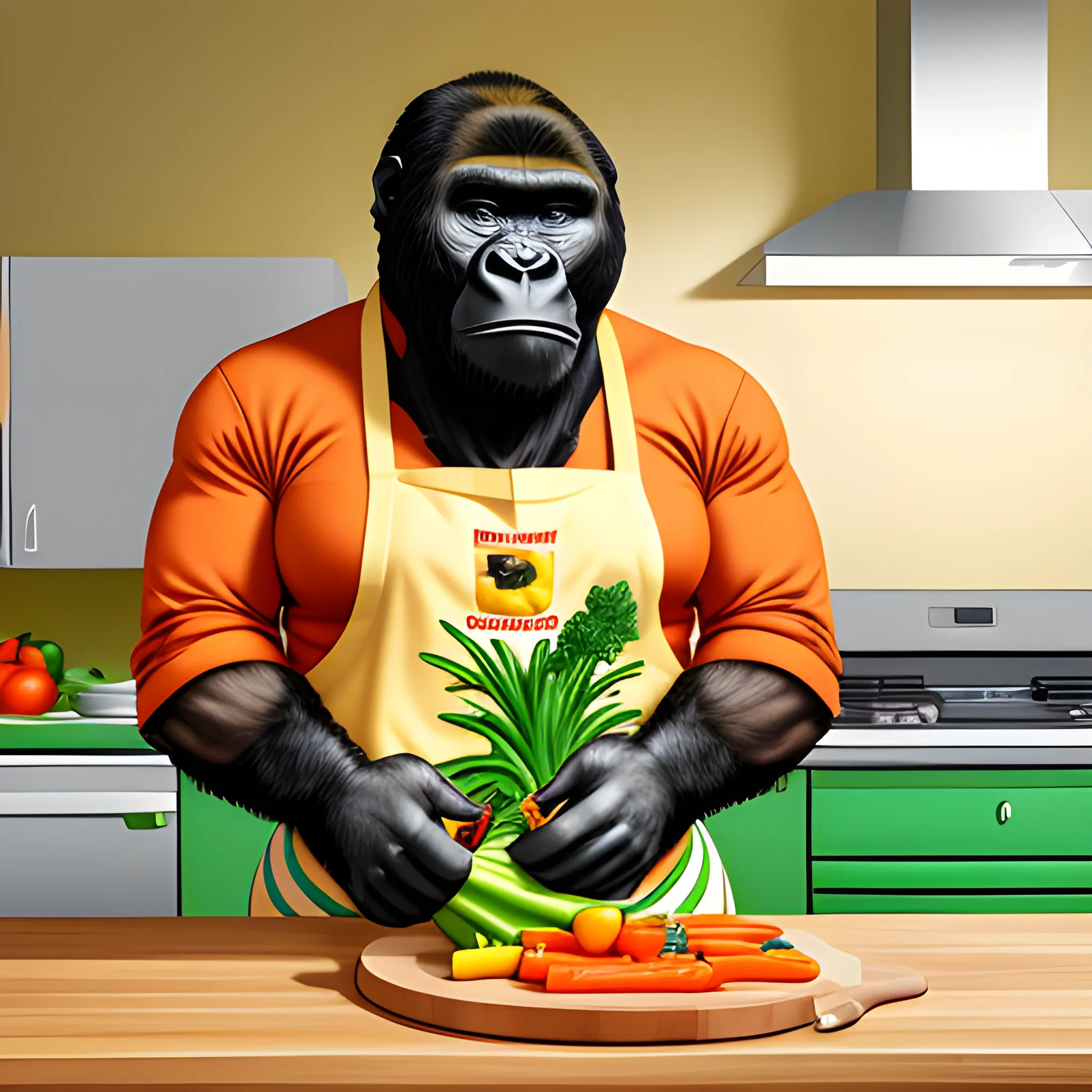 cooking female gorilla with hawaiian colorful apron, many vegetables, full body, shef gorilla, shorts, kitchen, eating bananas, cooking in the kitchen, greate cooking, apron, carrots, highly detailed, photographic, bueatiful kitchen background, vegetables, light kitchen, Cartoon