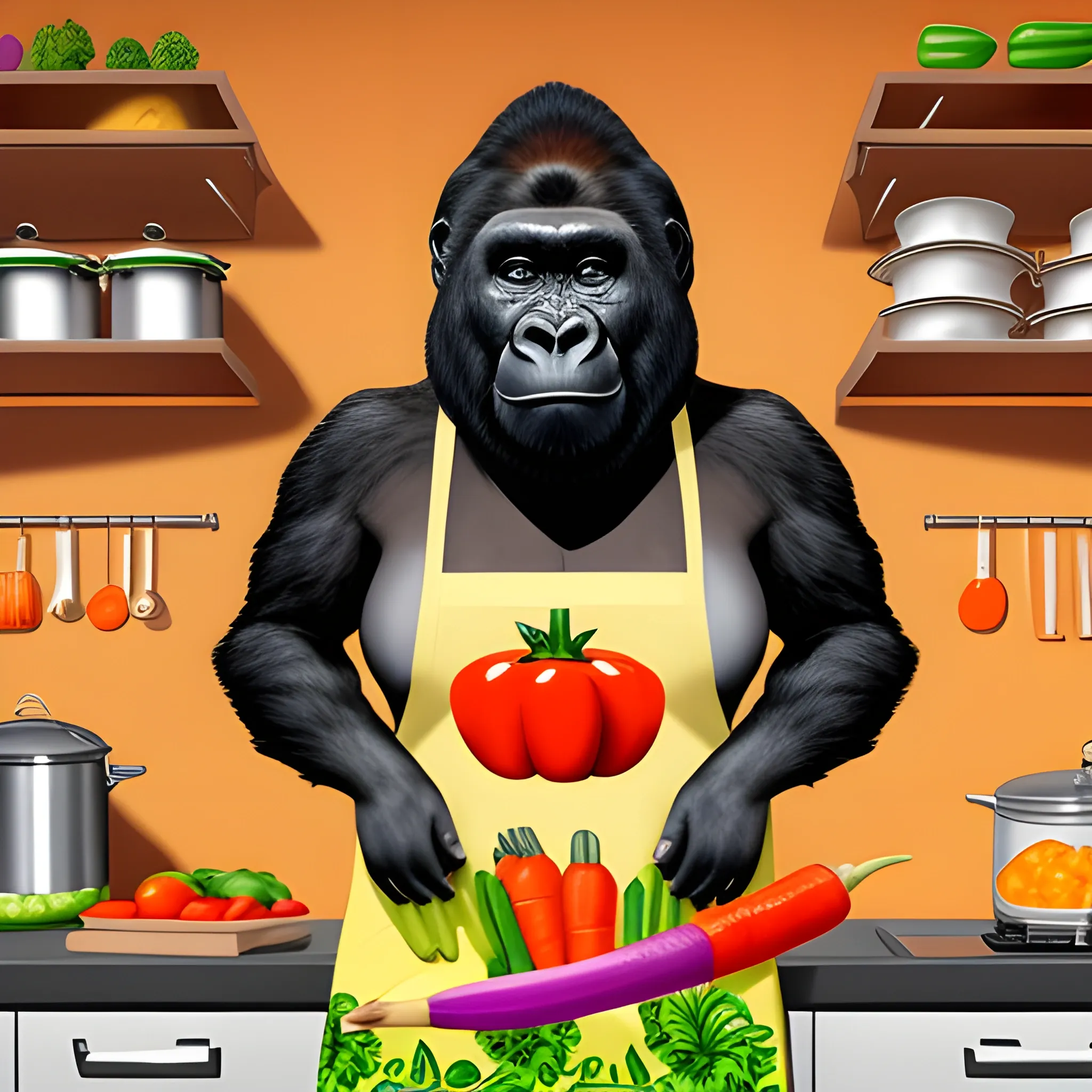 cooking female gorilla with hawaiian colorful apron, many vegetables, full body, shef gorilla, nice apron, cool kitchen, eating bananas, cooking in the kitchen, greate cooking, apron, carrots, highly detailed, photographic, bueatiful kitchen background, vegetables, light kitchen, Cartoon, , Pencil Sketch
