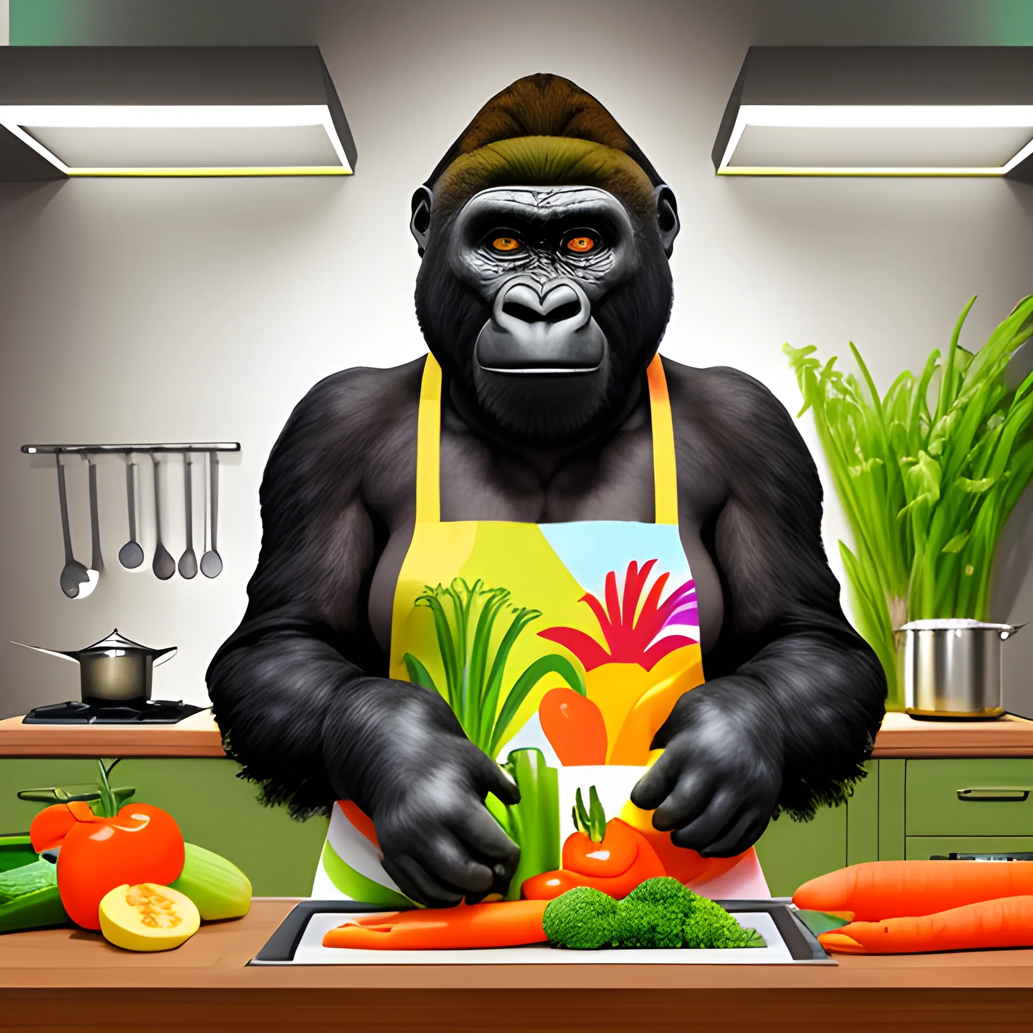 cooking female gorilla with hawaiian colorful apron, many vegetables, full body, shef gorilla, nice apron, cool kitchen, eating bananas, cooking in the kitchen, greate cooking, apron, carrots, highly detailed, photographic, bueatiful kitchen background, vegetables, light kitchen, Cartoon, Oil Painting