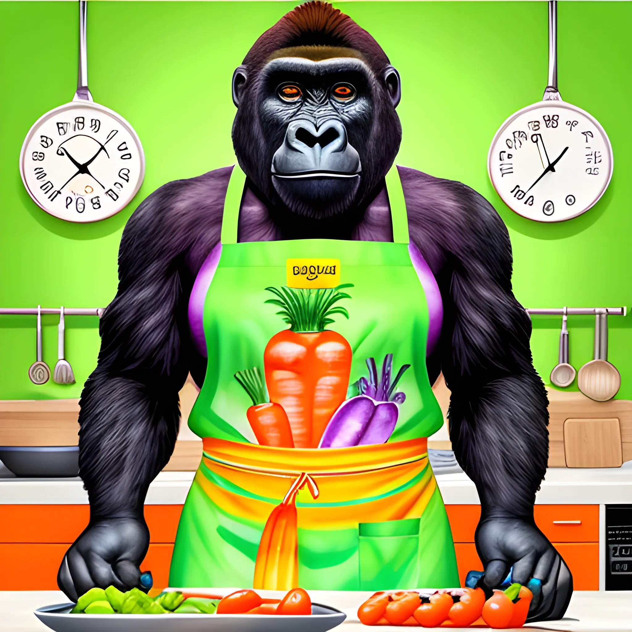 cooking female gorilla with hawaiian colorful apron, many vegetables, full body, shef gorilla, nice apron, cool kitchen, eating bananas, cooking in the kitchen, greate cooking, apron, carrots, highly detailed, photographic, bueatiful kitchen background, vegetables, light kitchen, Cartoon, Water Color