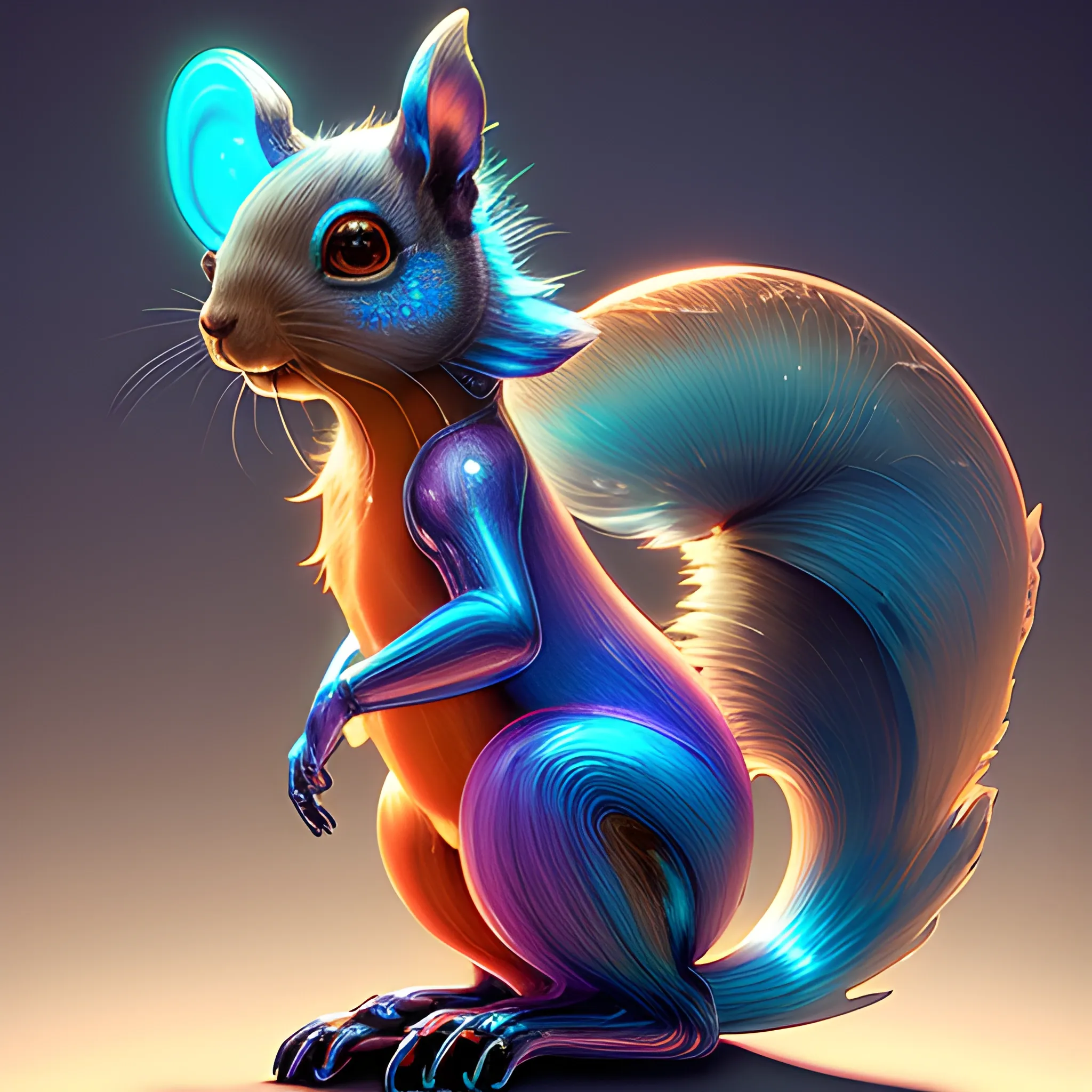 iridescent opalescent squirrel, bioluminescent, long ears, long fluffy tail: by michal karcz, daniel merriam, victo ngai and guillermo del toro : ornate, dynamic, particulate, intricate, elegant, highly detailed, brown orange, centered, artstation, smooth, sharp focus, octane render, Cartoon