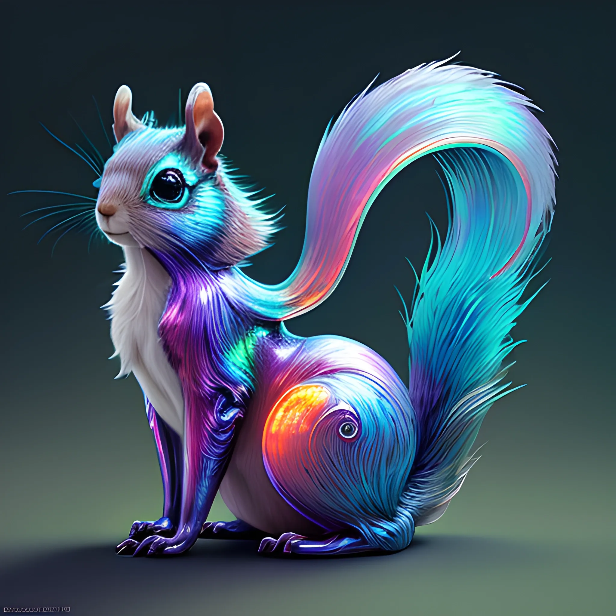 iridescent opalescent squirrel, bioluminescent, long ears, long fluffy tail: by michal karcz, daniel merriam, victo ngai and guillermo del toro : ornate, dynamic, particulate, intricate, elegant, highly detailed, brown orange, centered, artstation, smooth, sharp focus, octane render, Cartoon, 3D, Pencil Sketch