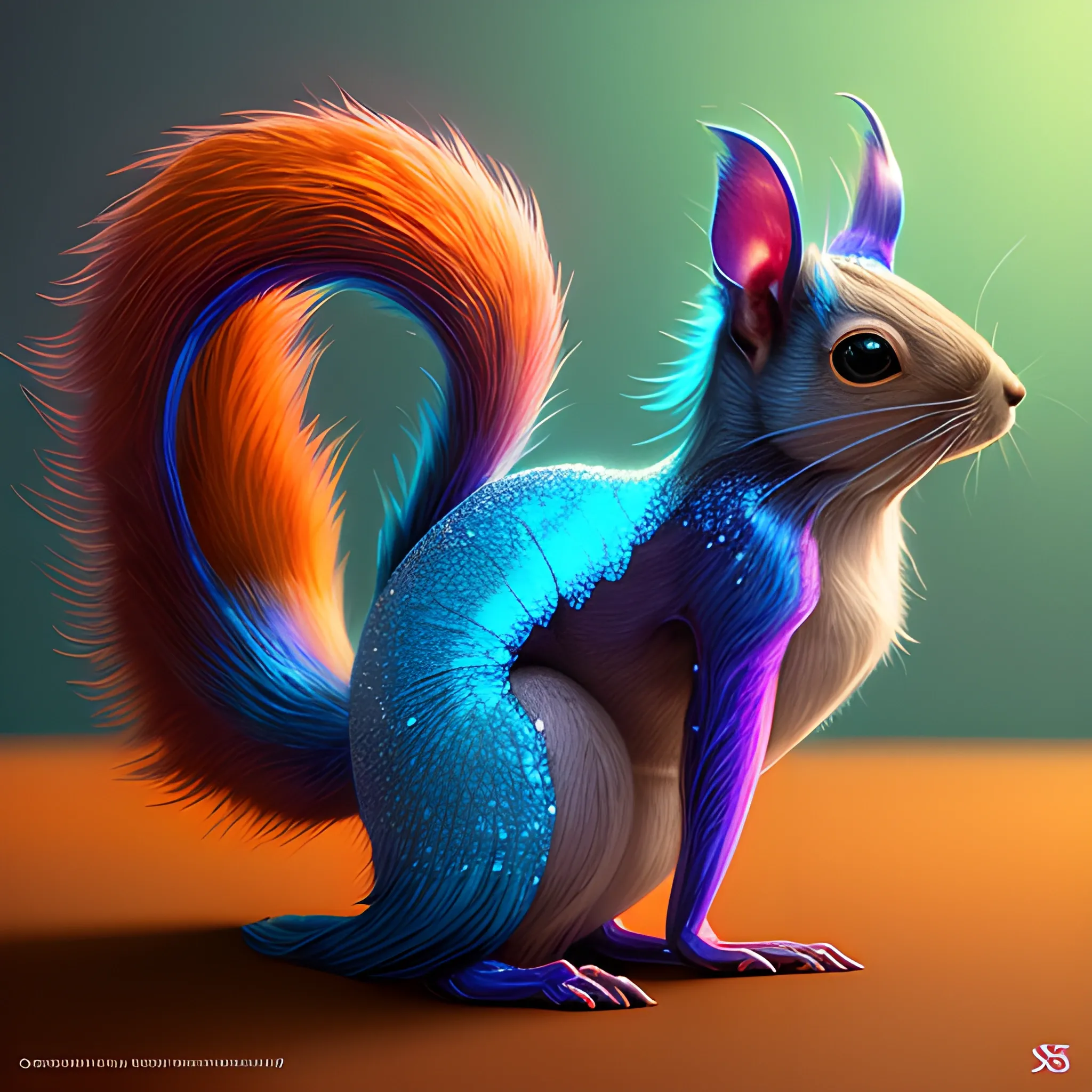 iridescent opalescent squirrel, bioluminescent, long ears, long fluffy tail: by michal karcz, daniel merriam, victo ngai and guillermo del toro : ornate, dynamic, particulate, intricate, elegant, highly detailed, brown orange, centered, artstation, smooth, sharp focus, octane render, Cartoon, 3D, Pencil Sketch, Trippy