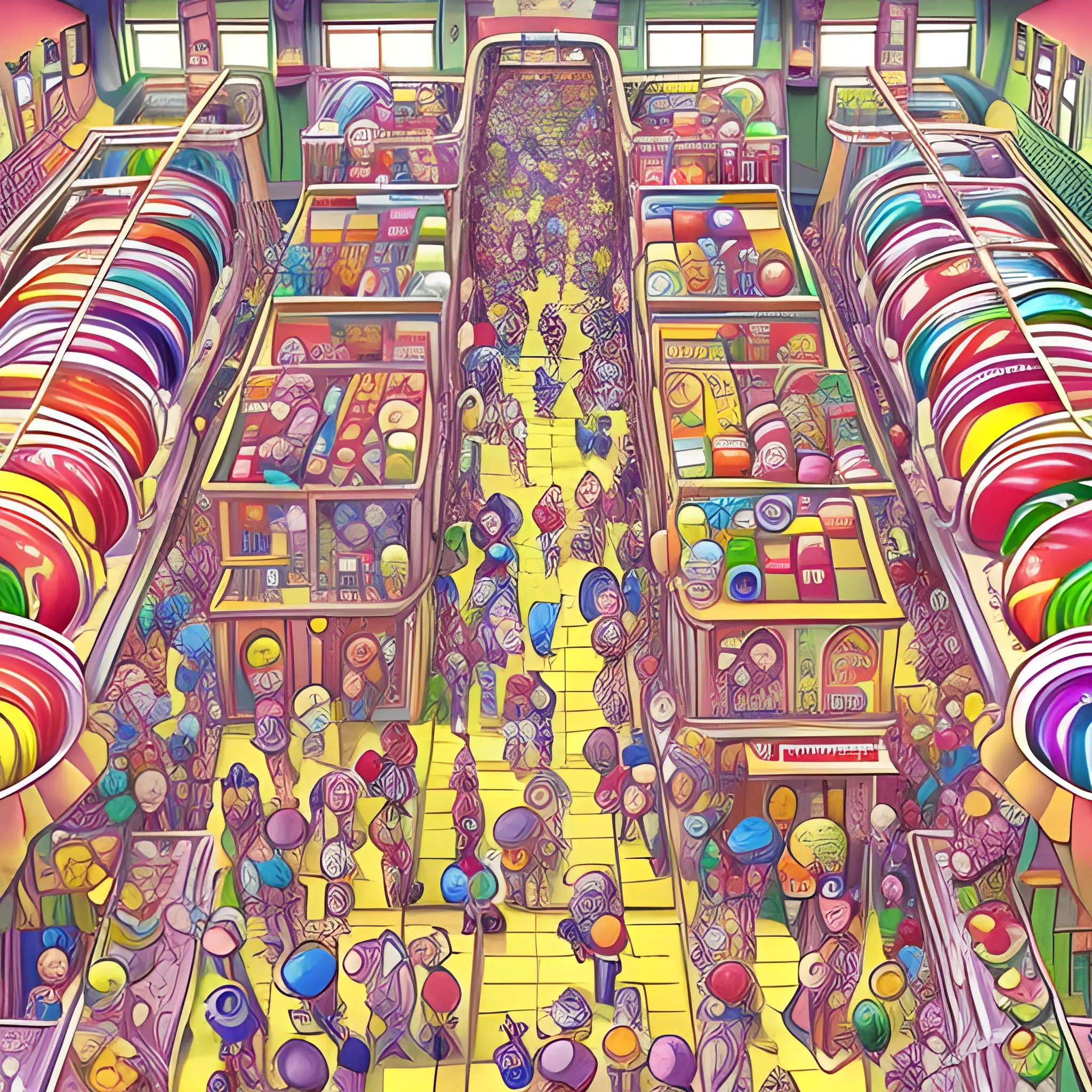 a crowded scene in an candy factory, open plan, top view, by jeff carslile, colorful, intricate, highly detailed, rich colors,  cartoonish, studio ghibli, where's waldo style, Cartoon