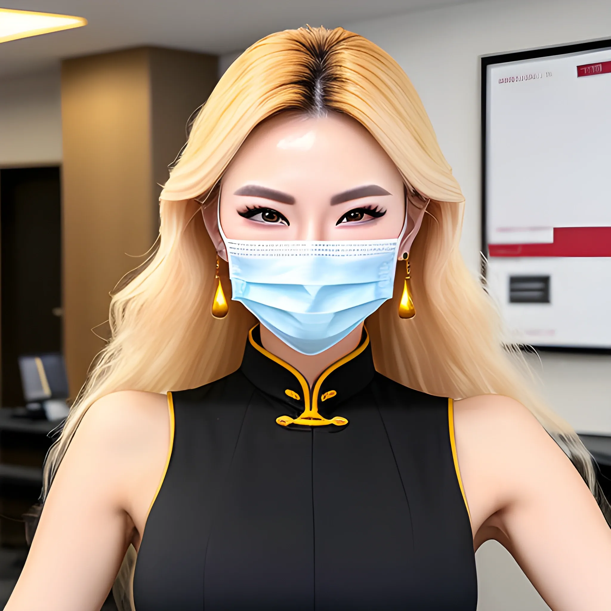 good hand, 4k, best quality, chinese, in the workplace, wearing face mask, business outfit, sweaty, sharp focus, soft lighting, skinny, enormous breasts, 1girl, jewelry, earrings, long hair, blond hair, extremely messy hair