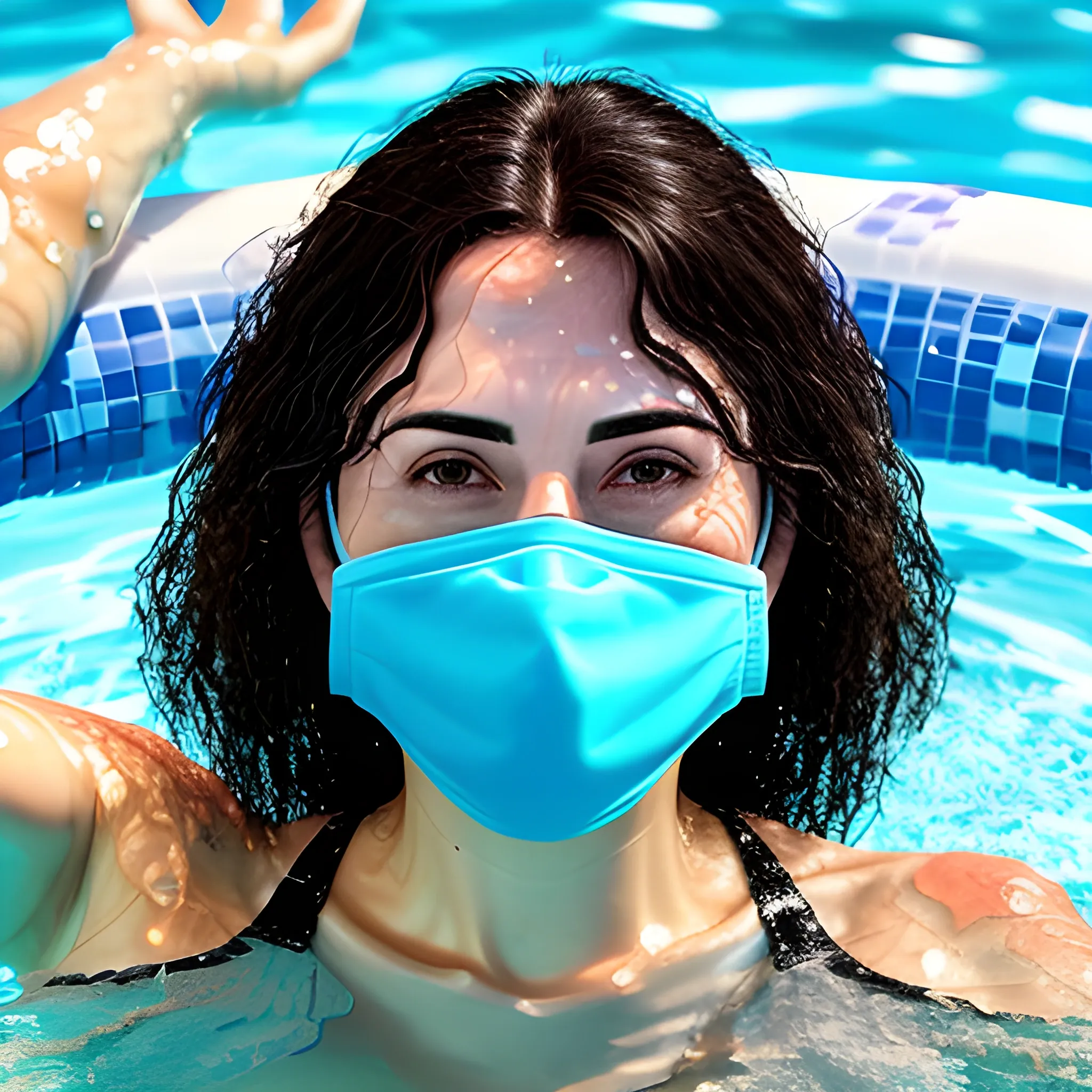 girl in the pool, strange objects around, face mask, Trippy