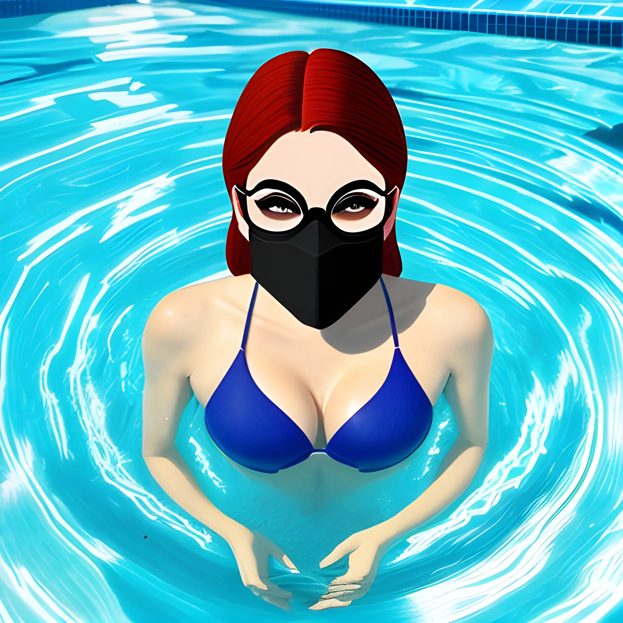 girl in the pool, strange objects around, face mask, Trippy, Cartoon