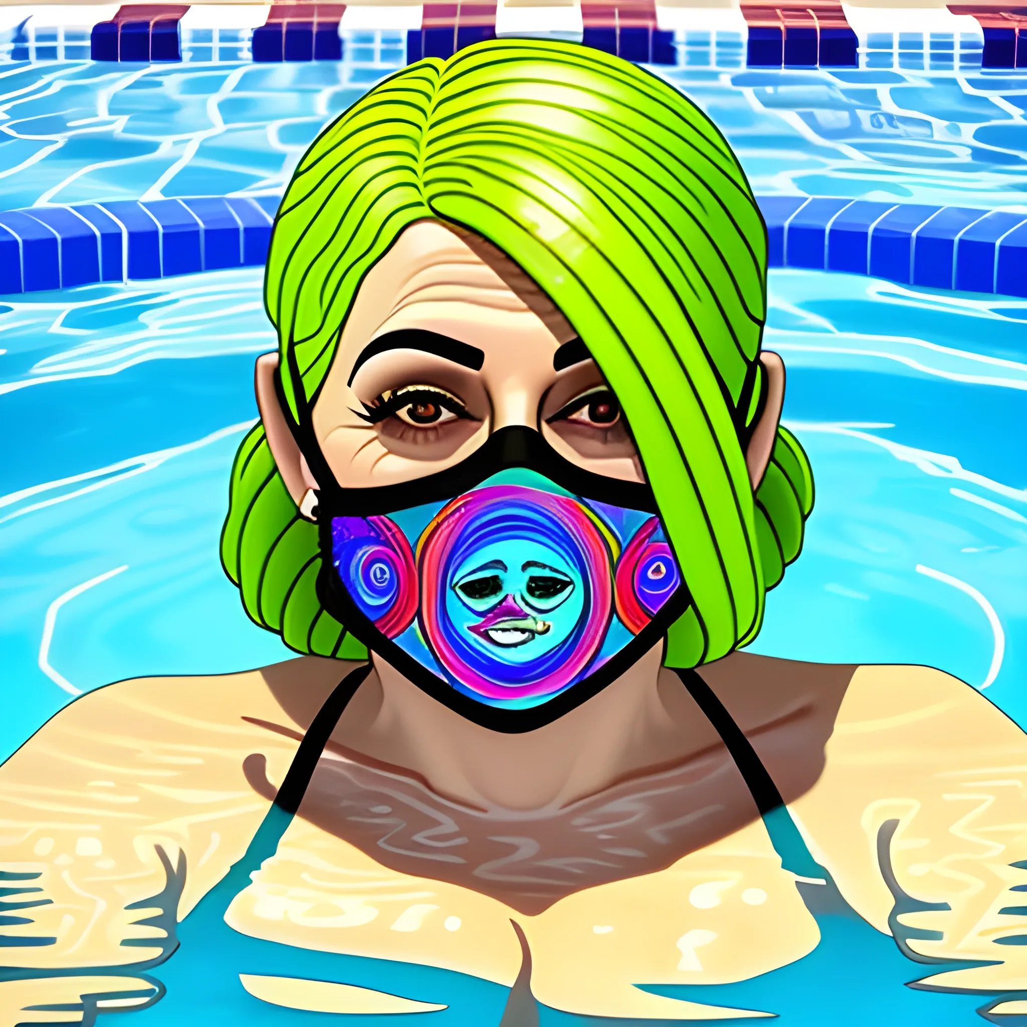 girl in the pool, strange objects around, face mask, Trippy, Cartoon