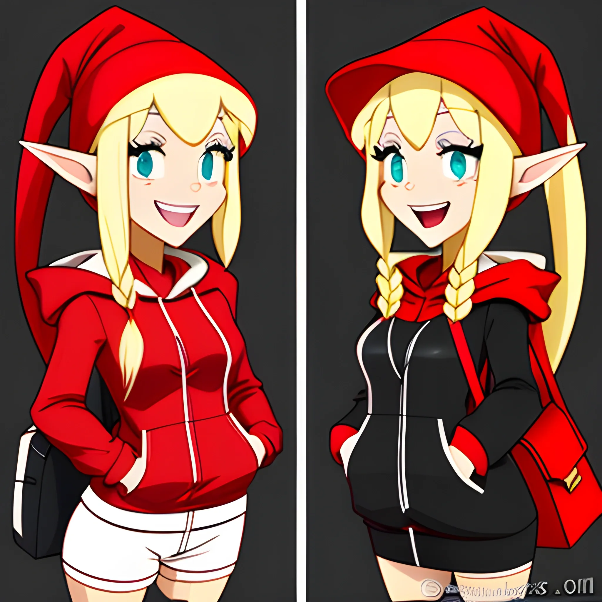  have elf ears,girl,double ponytail hair,red hat and hooded clothes and red schoolbag,happy expression, Cartoon, Cartoon,very cute,blond hair