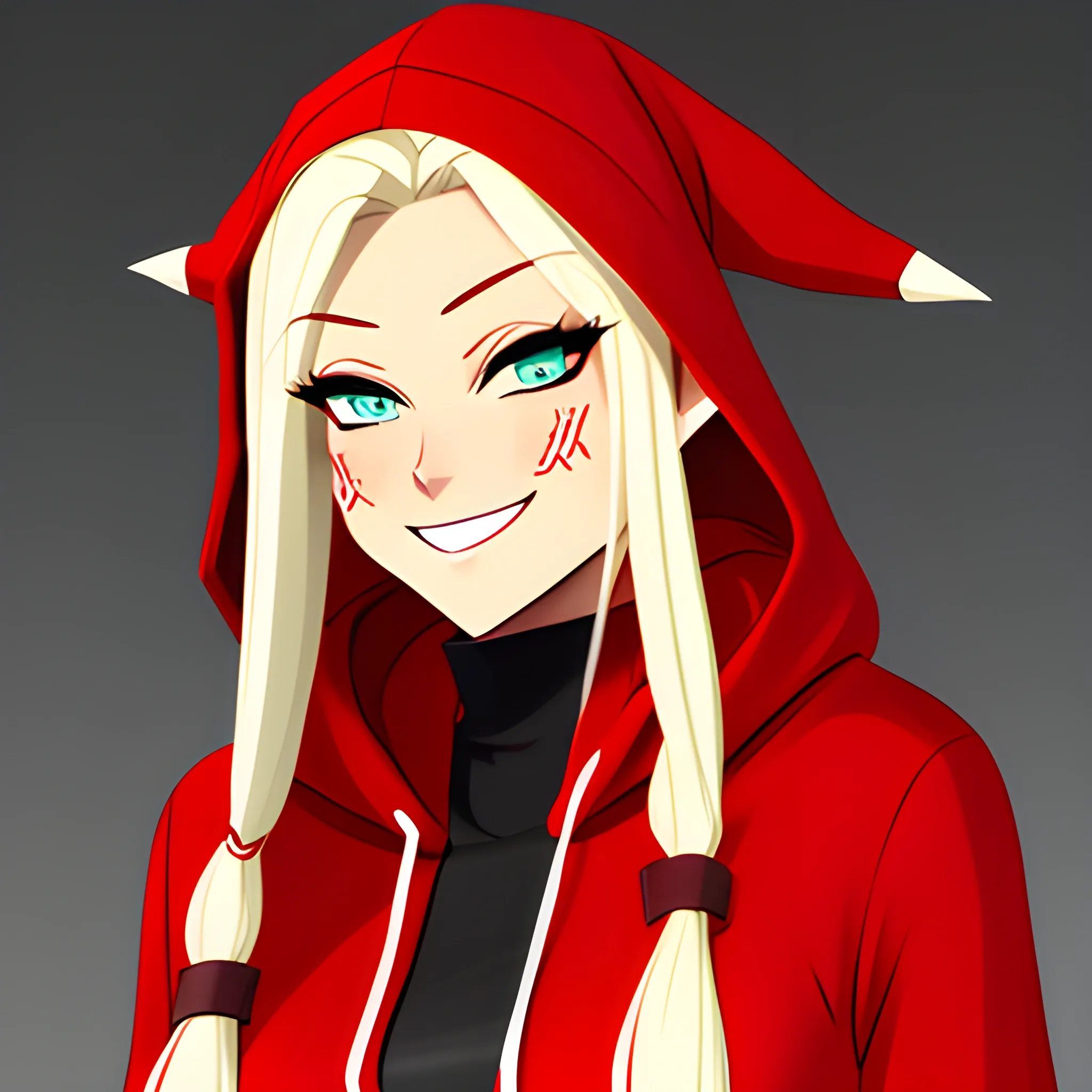  have elf ears,girl,double ponytail hair,red hat and hooded clothes and red schoolbag,happy expression, Cartoon, Cartoon,very cute,blond hair,kid,red eye,