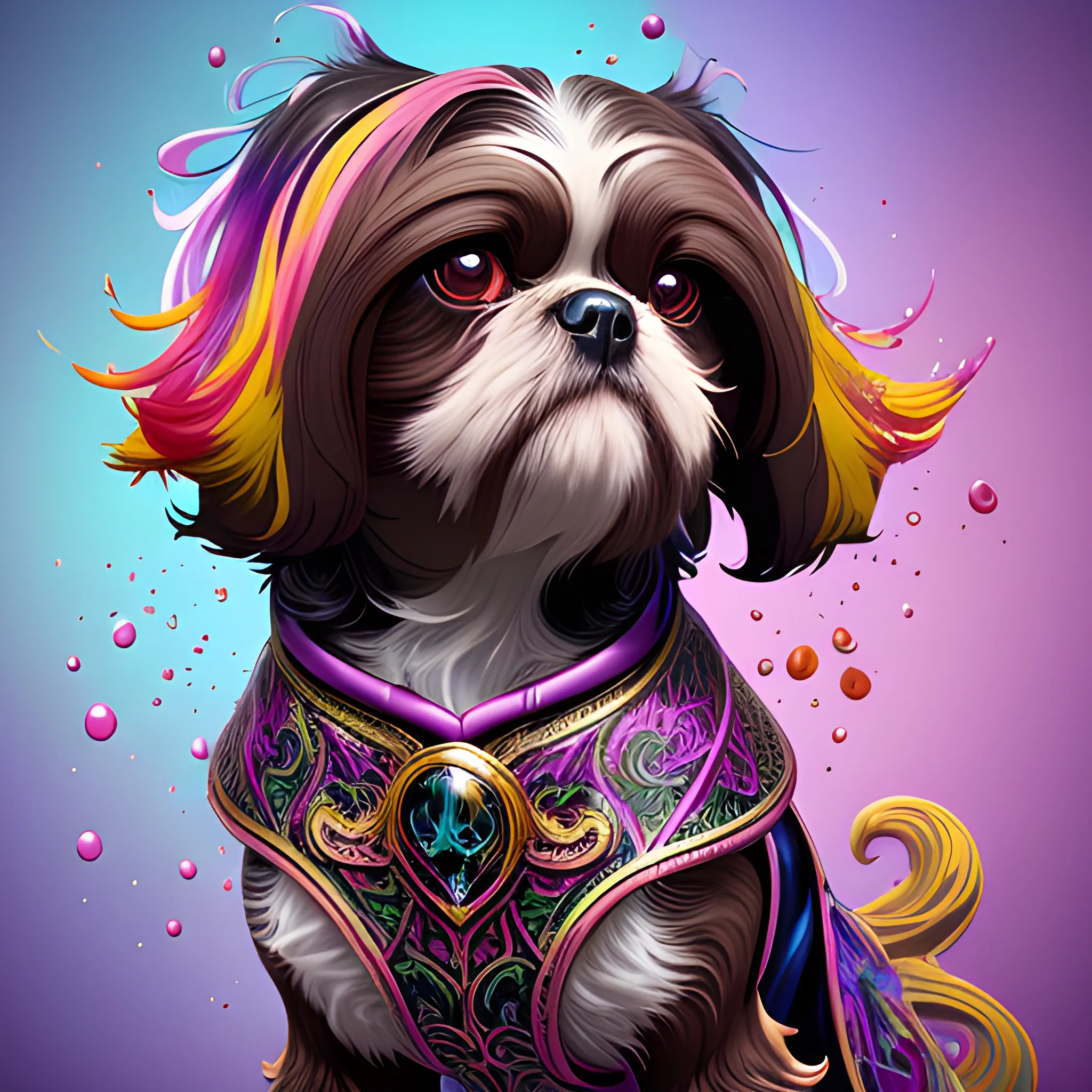 splash art, a dark brown liquid female shihtzu with long hair and fancy clothes, splash style of colourful paint, hyperdetailed intricately detailed, fantastical, intricate detail, splash screen, complementary colours, fantasy, concept art, 8k resolution