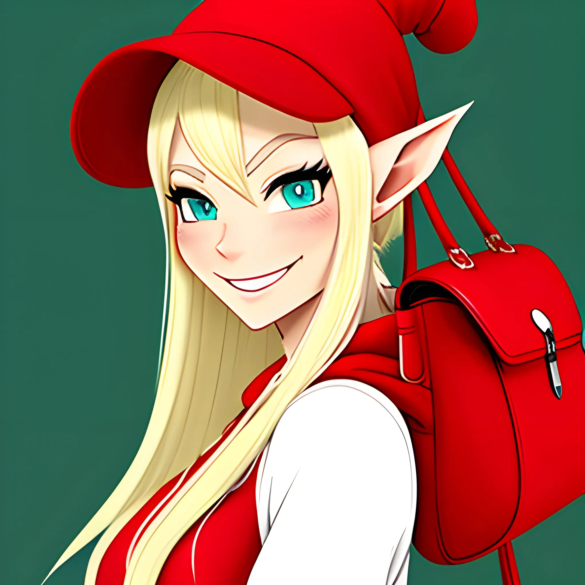  have elf ears,girl,double ponytail hair,red hat and hooded clothes and red schoolbag,happy expression, Cartoon, Cartoon,very cute,blond hair,little kid,happy face