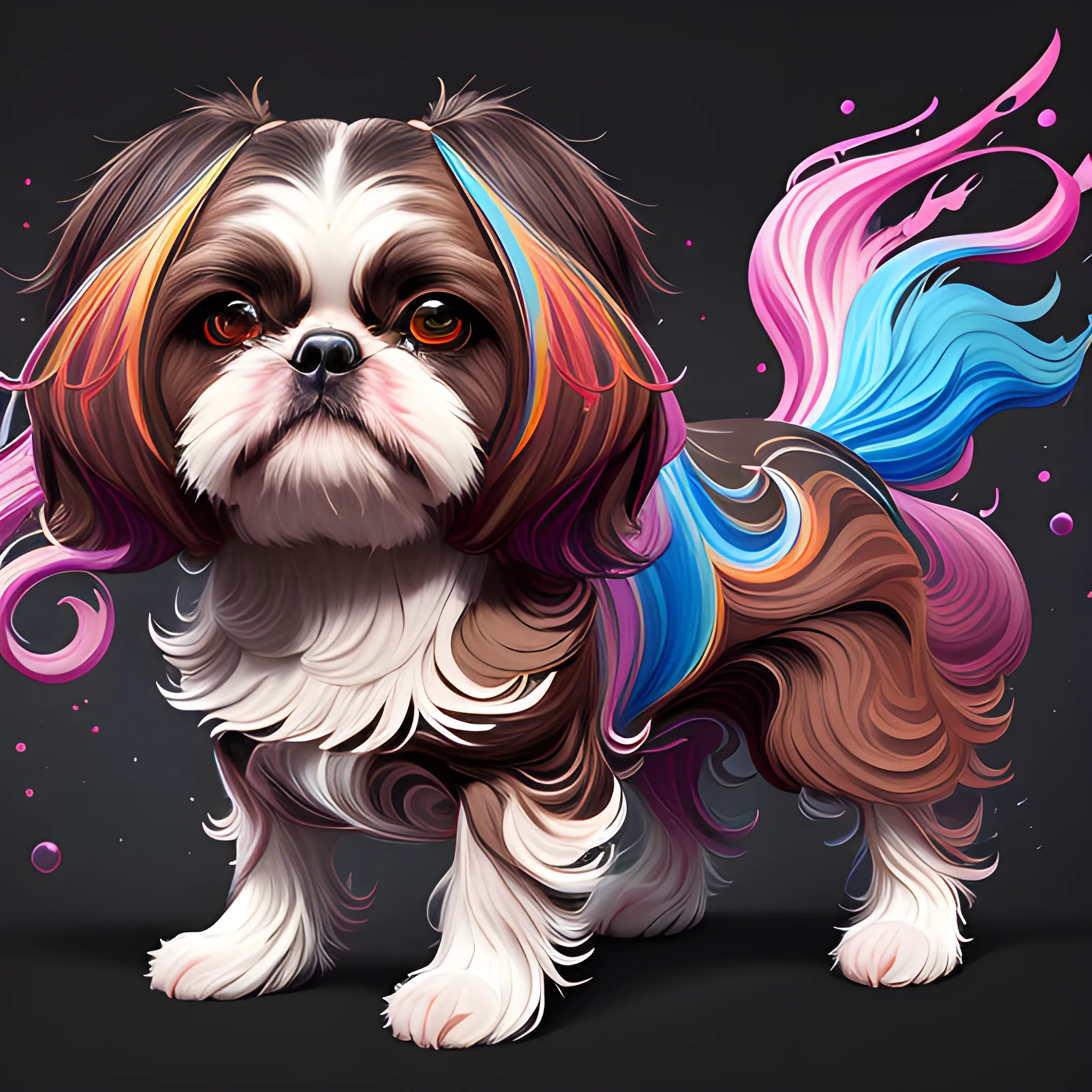 splash art, a dark brown liquid female shihtzu with long and fancy hair, splash style of colourful paint, hyperdetailed intricately detailed, fantastical, intricate detail, splash screen, complementary colours, fantasy, concept art, 8k resolution