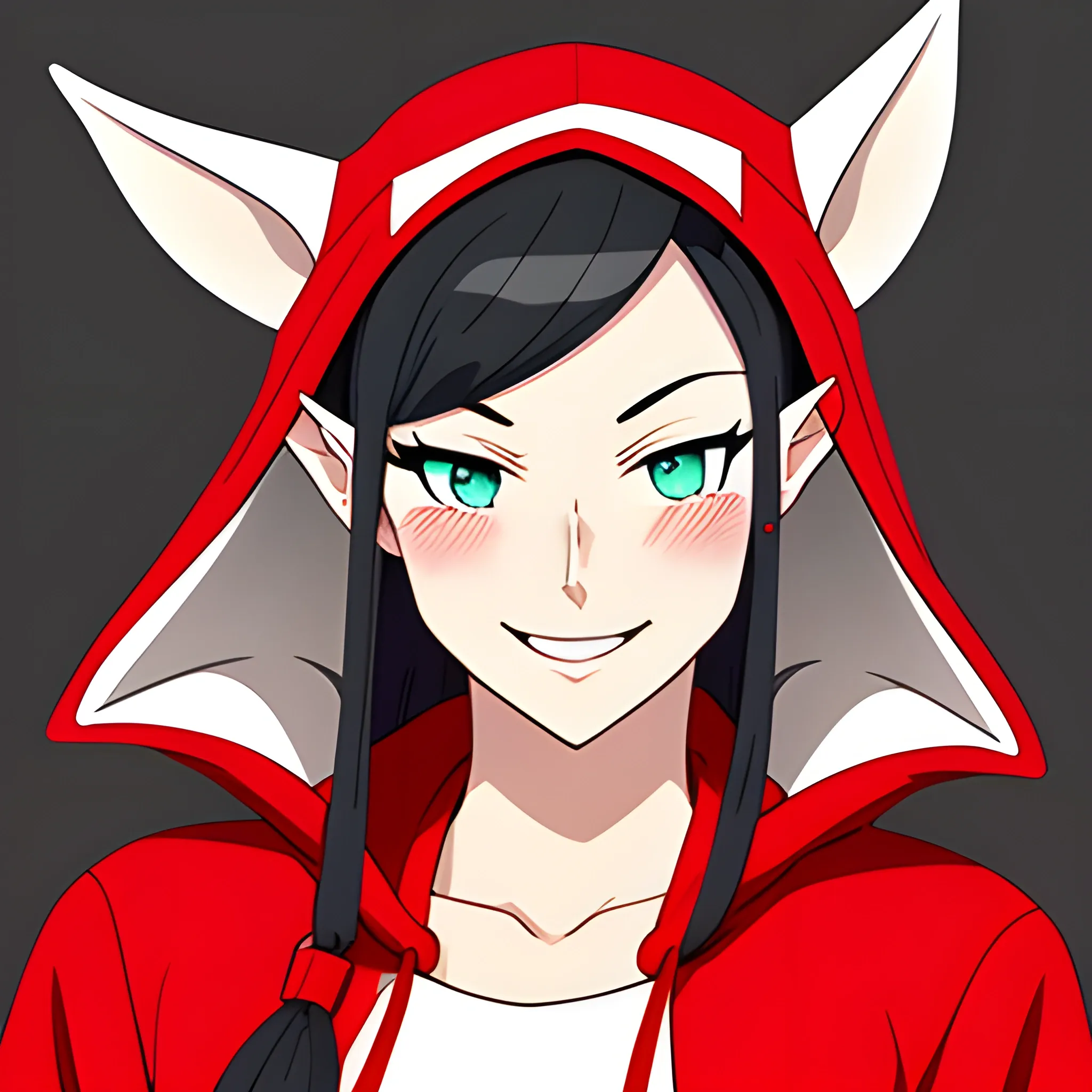  have elf ears,girl,double ponytail hair,red hat and hooded clothes and red schoolbag,happy expression, Cartoon, Cartoon,very cute,little kid,happy face,five years old,five years old,Japanese,animation style, Cartoon, Cartoon