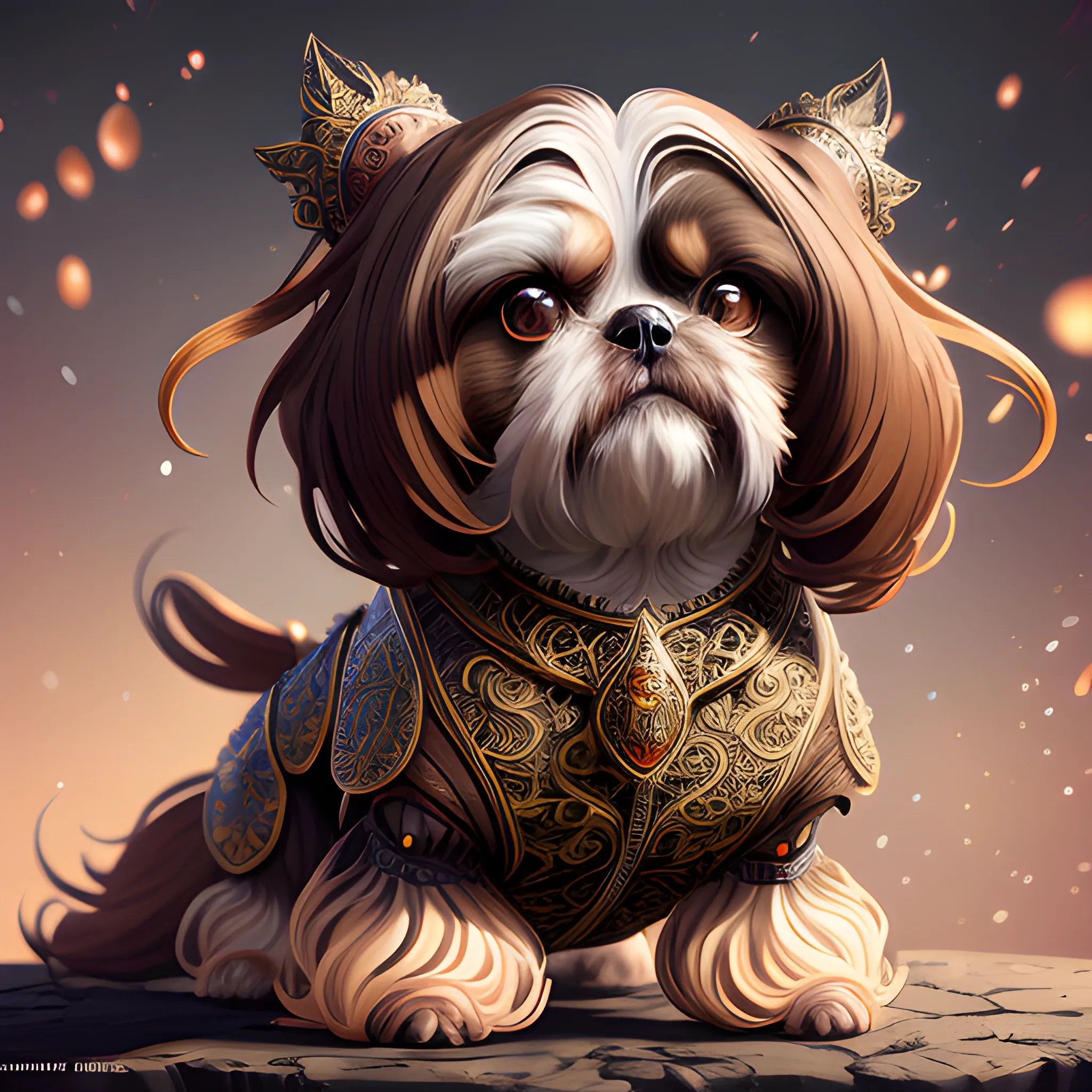 splash art, brown female shihtzu with long and fancy hair, hyperdetailed intricately detailed, fantastical, intricate detail, splash screen, fantasy, concept art, 8k resolution