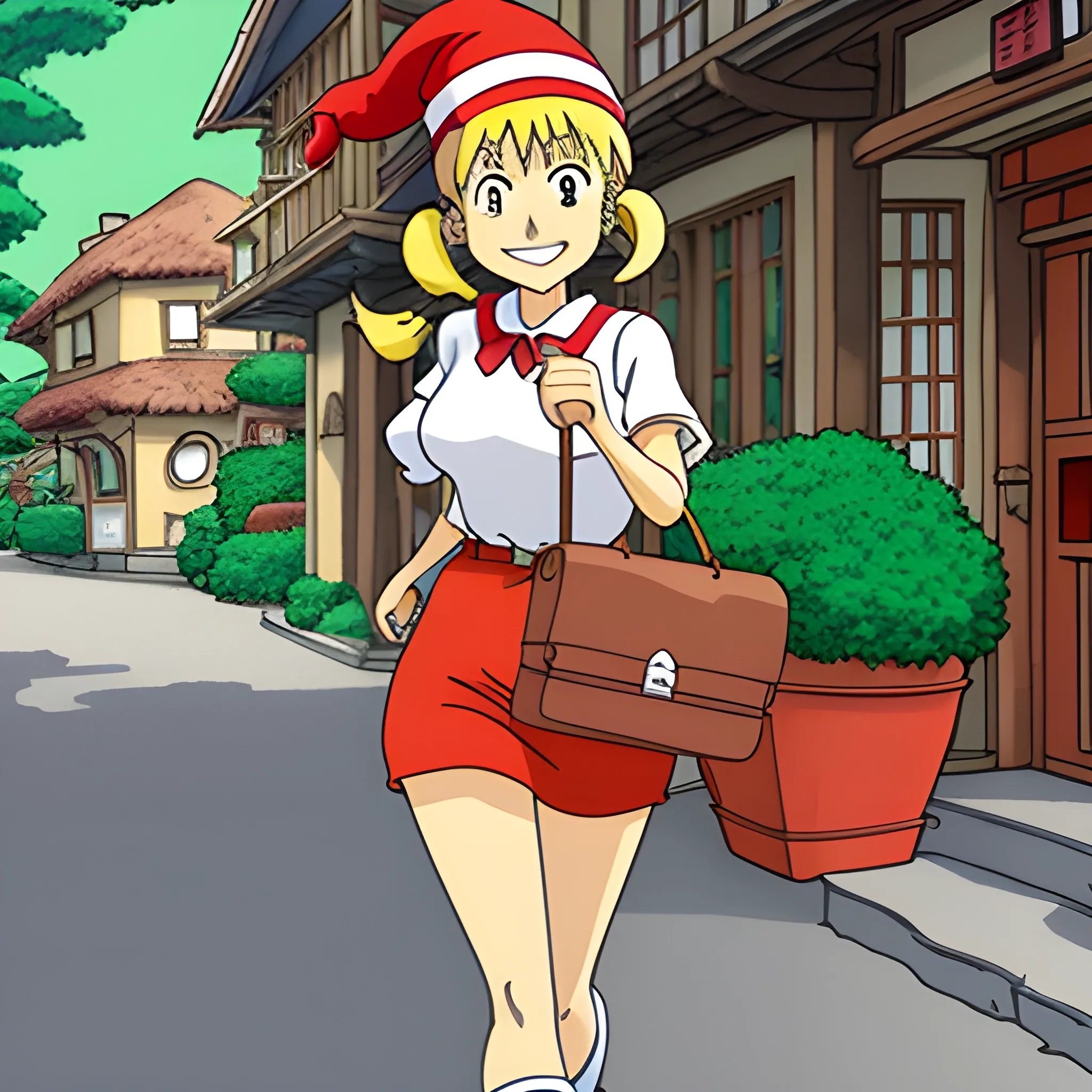 studio ghibli, where's waldo style,A very lively little girl named Keli has blonde hair and two ponytails. She runs around the village with a red schoolbag and a red hat every day, looking very happy and happy., Cartoon, Cartoon, Cartoon