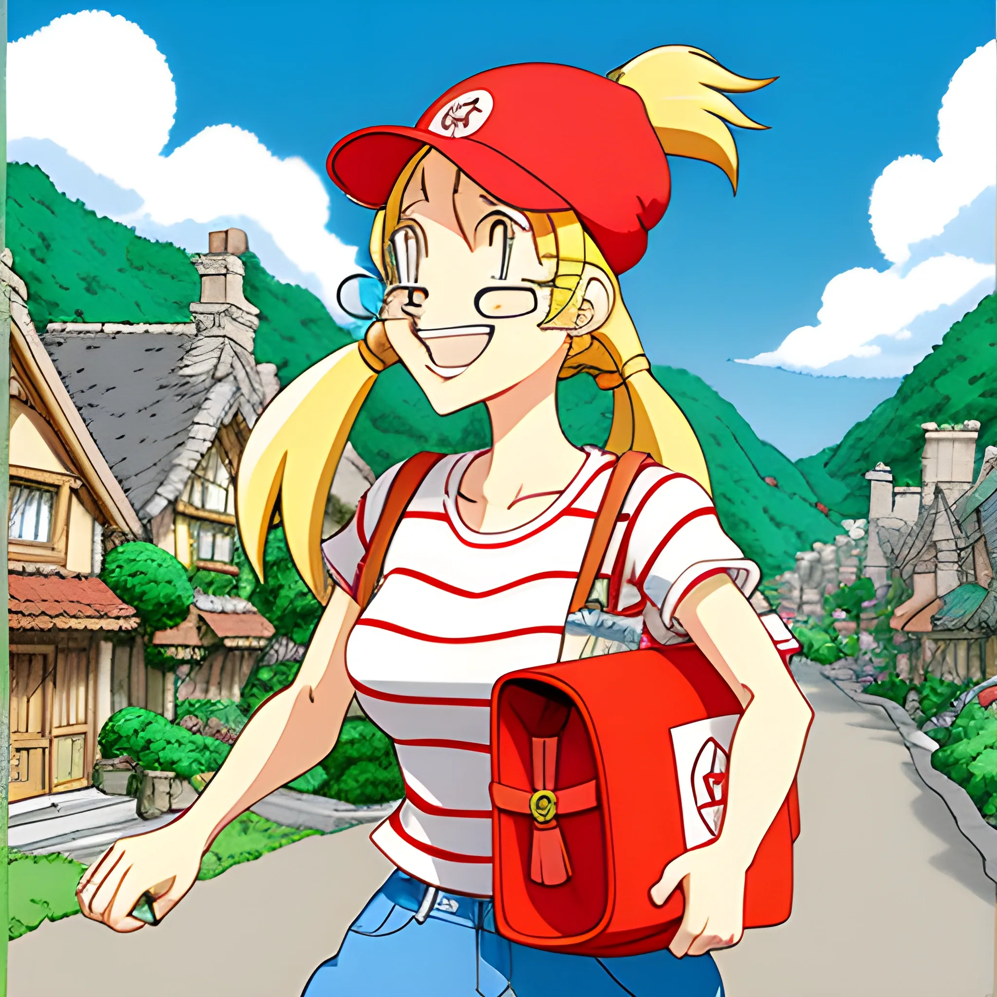 studio ghibli, where's waldo style,A very lively little girl named Keli has blonde hair and two ponytails. She runs around the village with a red schoolbag and a red hat every day, looking very happy and happy., Cartoon, Cartoon, Cartoon,five years old