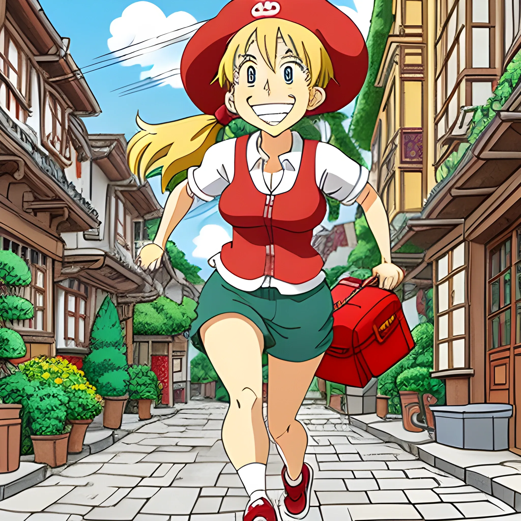 studio ghibli, where's waldo style,A very lively little girl named Keli has blonde hair and two ponytails. She runs around the village with a red schoolbag and a red hat every day, looking very happy and happy., Cartoon, Cartoon, Cartoon,five years old,little baby