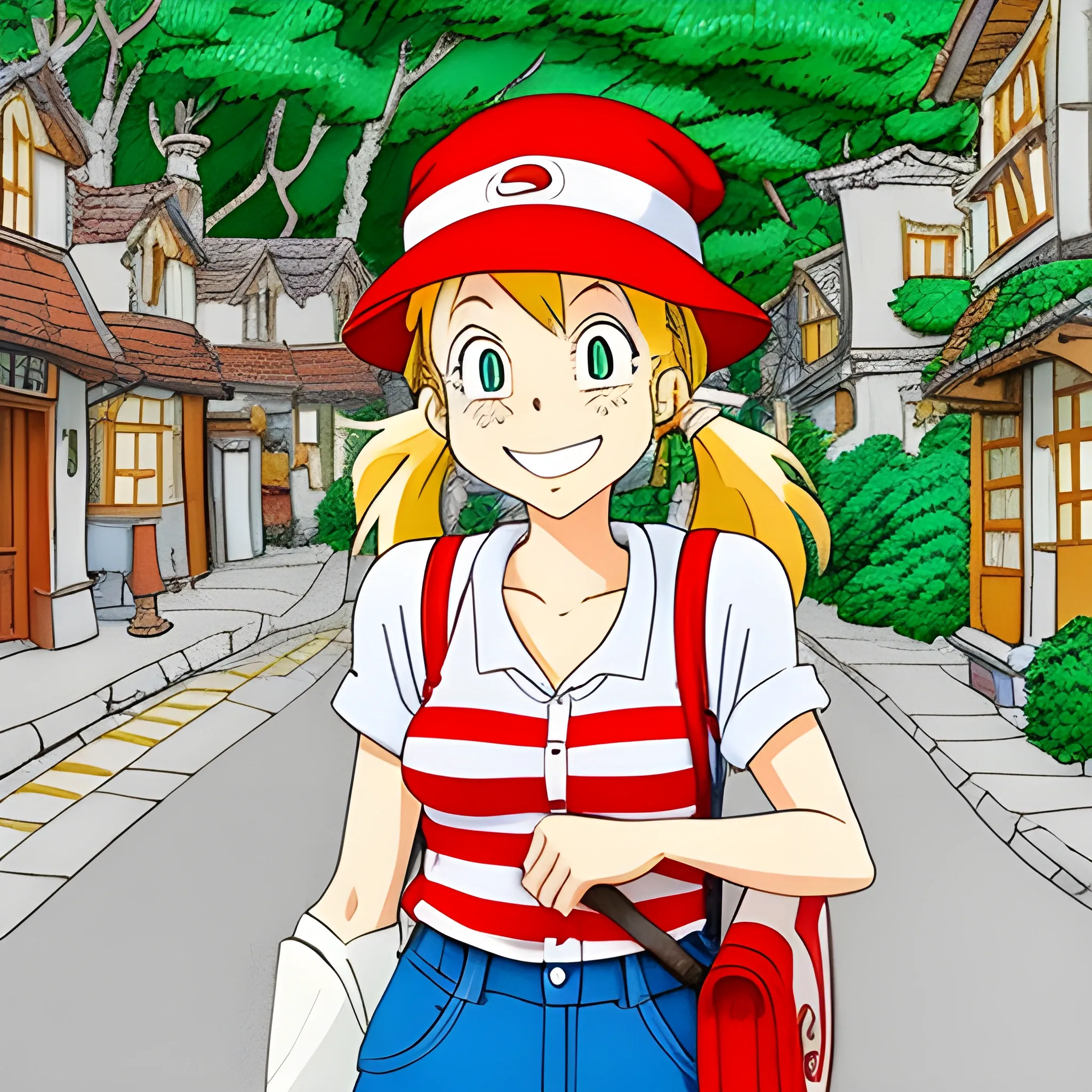 studio ghibli, where's waldo style,A very lively little girl named Keli has blonde hair and two ponytails. She runs around the village with a red schoolbag and a red hat every day, looking very happy and happy., Cartoon, Cartoon, Cartoon,five years old,little baby,butieaful big eye