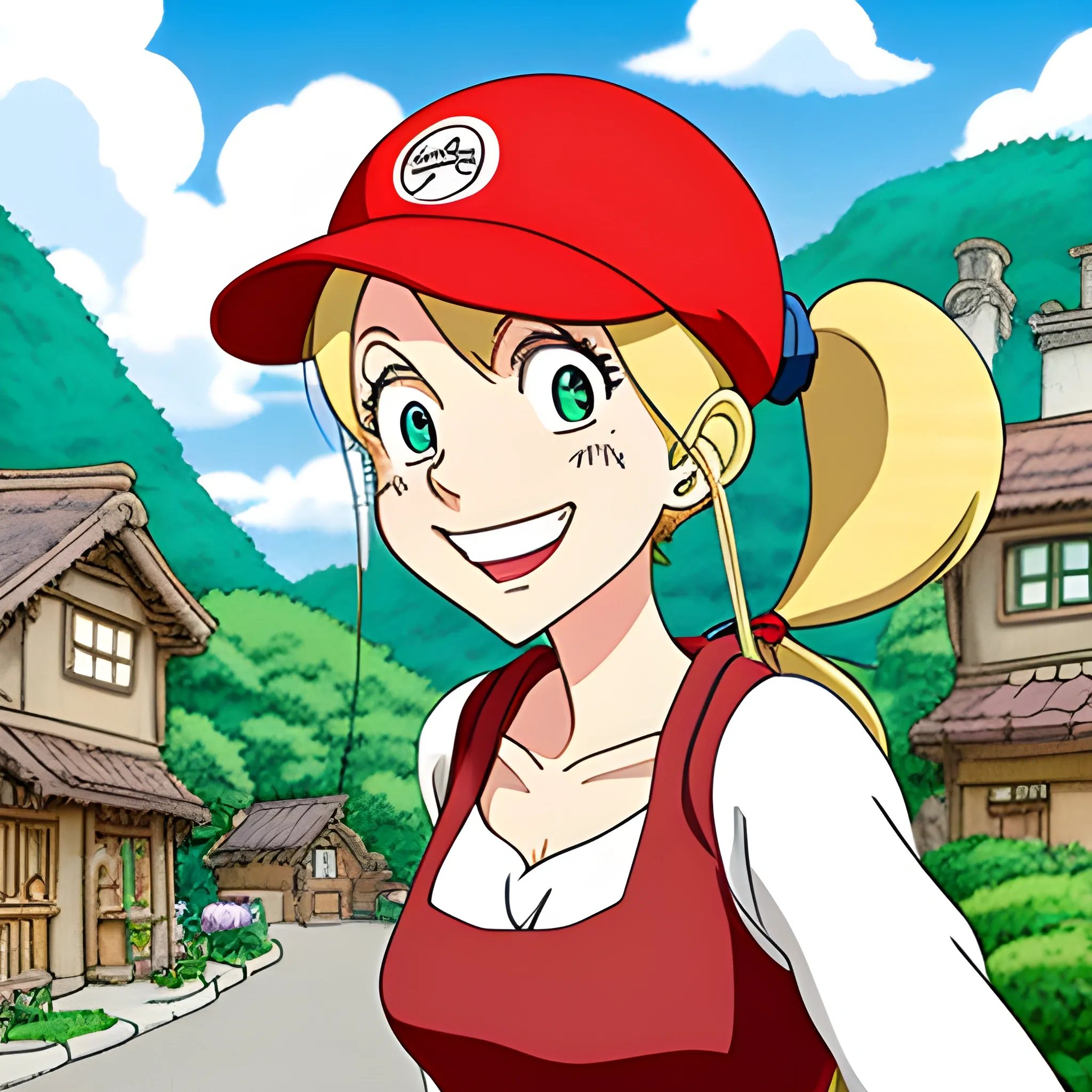 studio ghibli, where's waldo style,A very lively little girl named Keli has blonde hair and two ponytails. She runs around the village with a red schoolbag and a red hat every day, looking very happy and happy., Cartoon, Cartoon, Cartoon,five years old,little baby,beautiful big eye