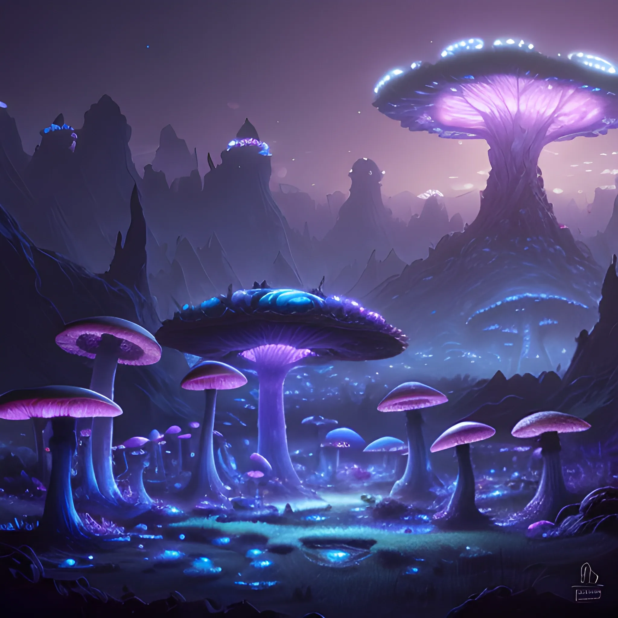 concept art painting of a fantasy alien fungal landscape at night, with glowing blue lights, glowing blue mushrooms, dark purple sky, realistic, detailed, cel shaded, in the style of makoto shinkai and greg rutkowski and albert bierstadt and james gurney 