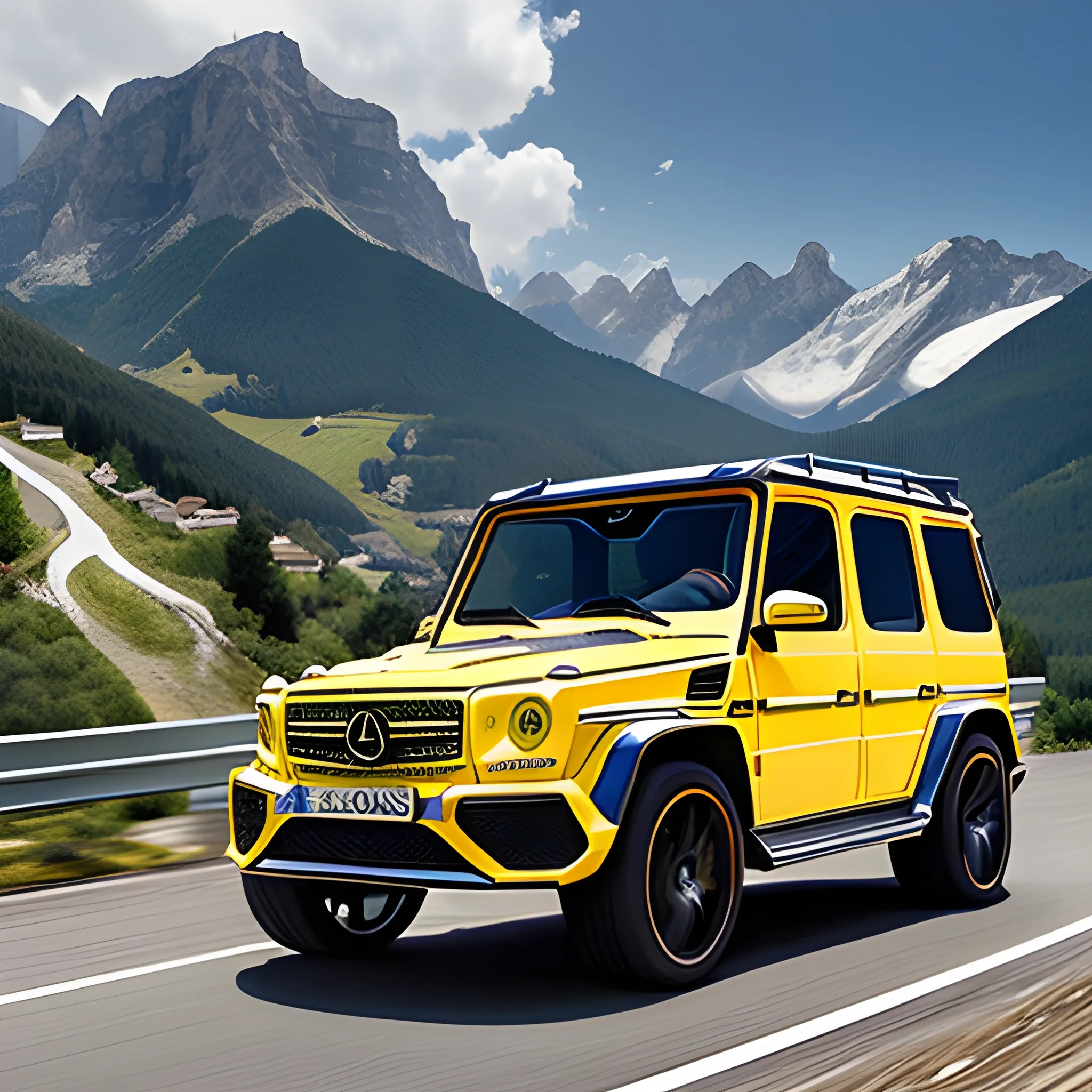 a yellow mercedes benz amg g-class on an italien mountainroad , driver wears white racing helmet  ,masterpiece , high detailed ,8k, summer vibes , blue sky 

