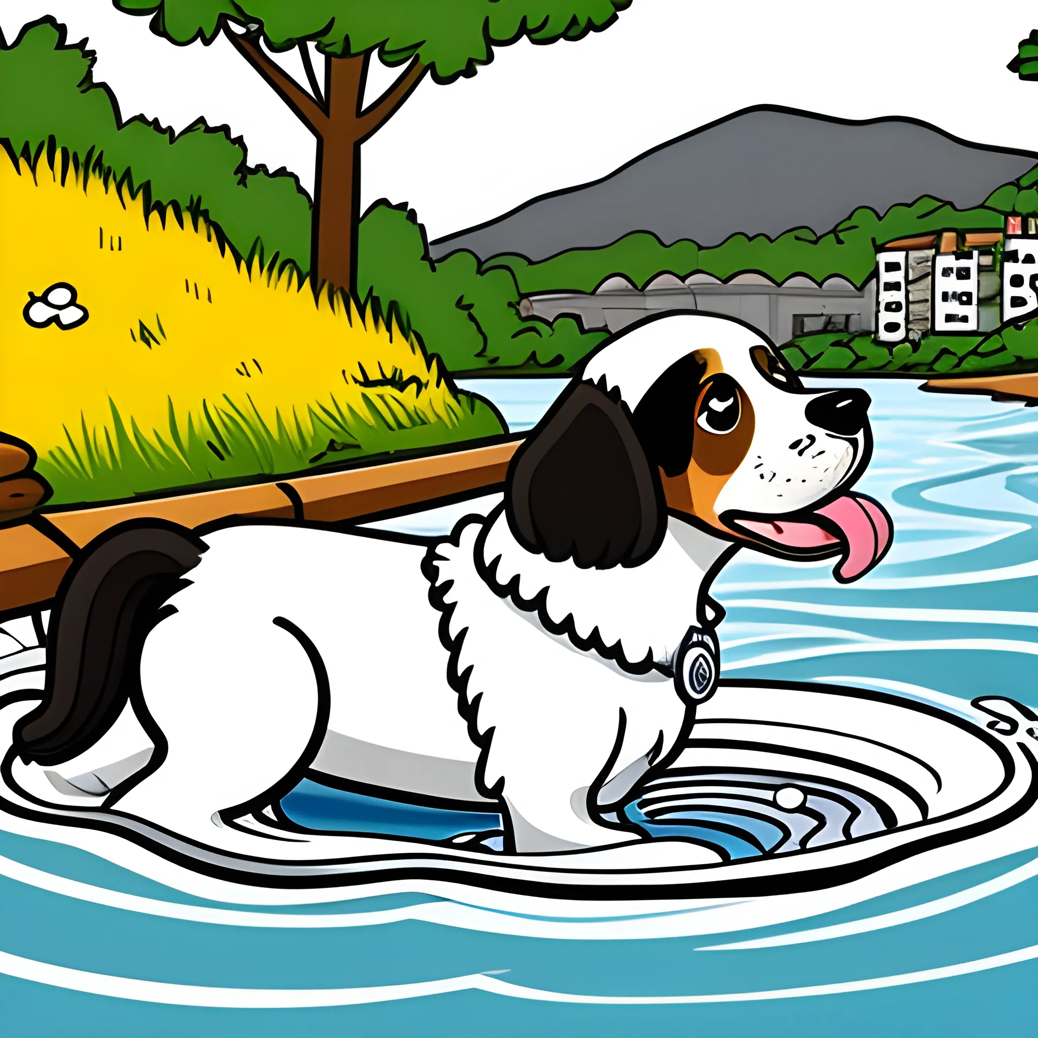 , Cartoon, perro spaniel breton bañandose en el rio