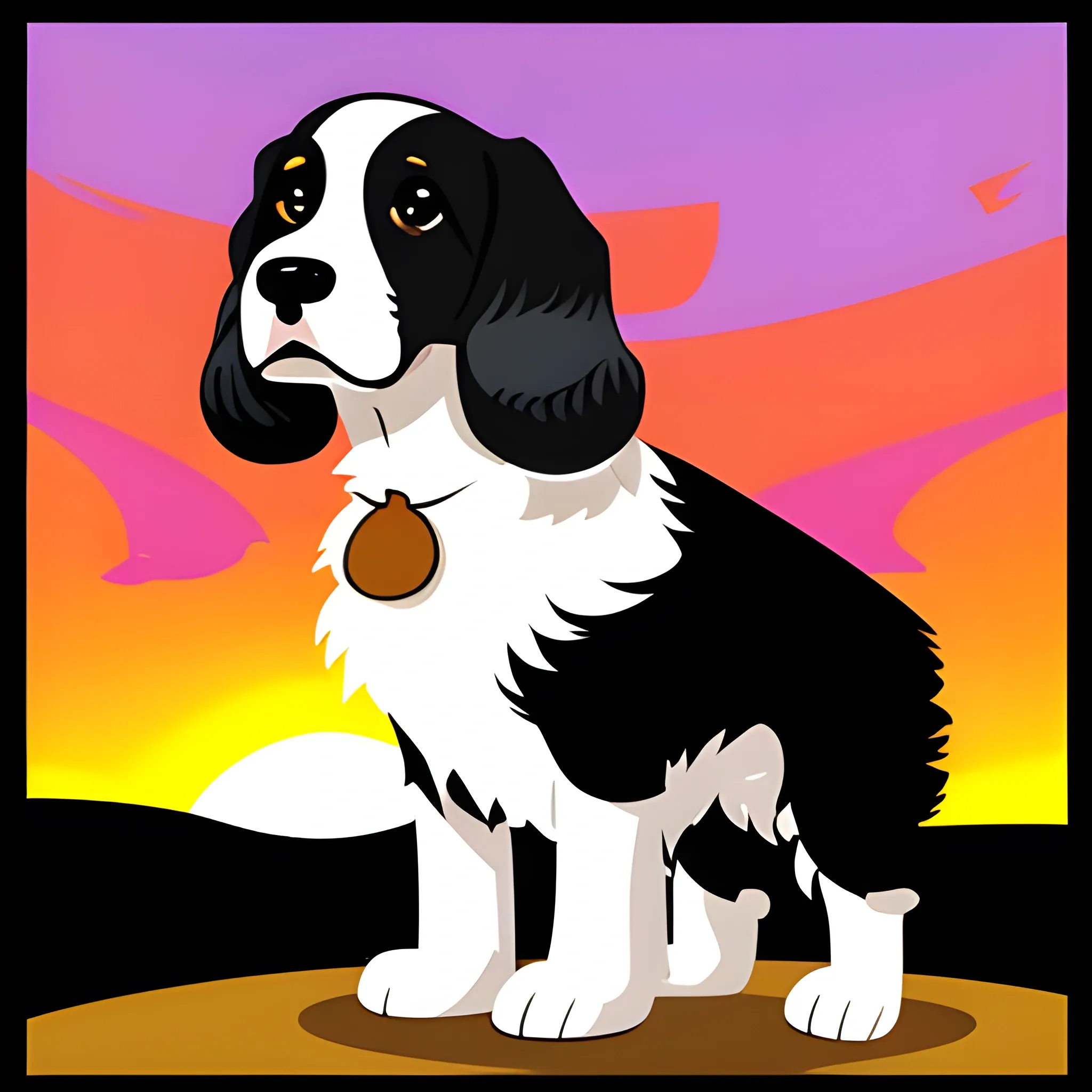 , Cartoon, perro spaniel breton posando en una puesta de sol