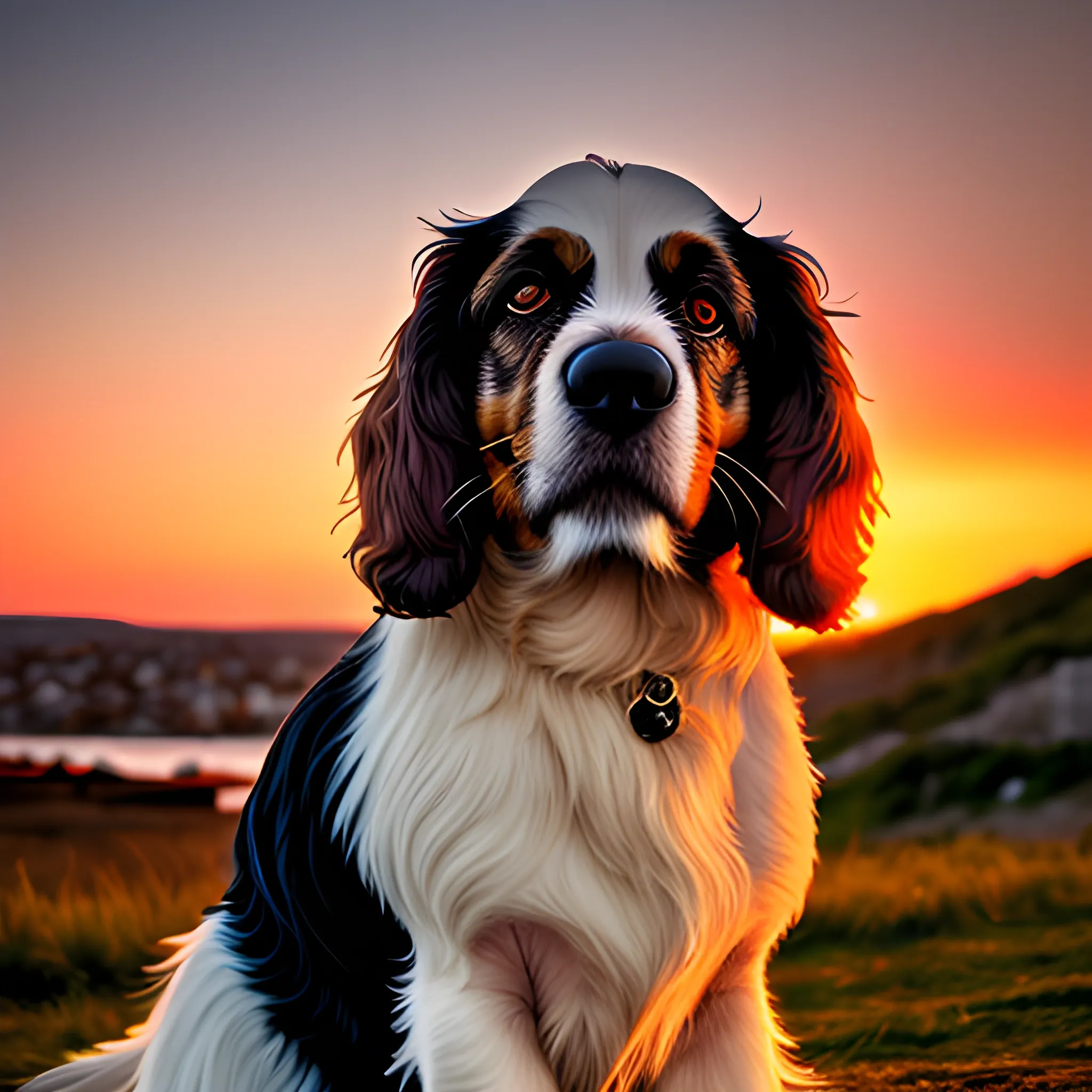 , Wster color, perro spaniel breton posando en una puesta de sol, 