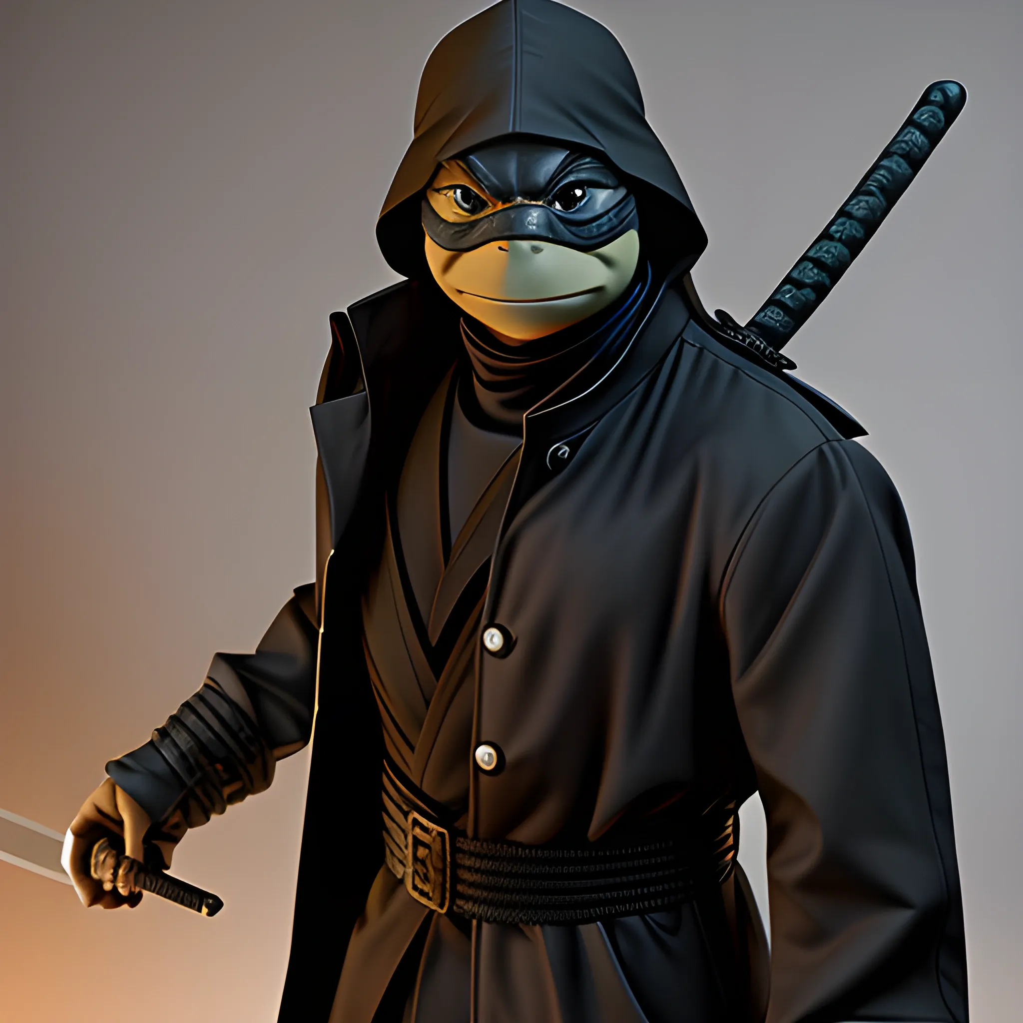 Leonardo the ninja turtle with a black trench coat hyper realistic 4k HD 8k high quality detailed masterpiece award winning with a black katana in his hand