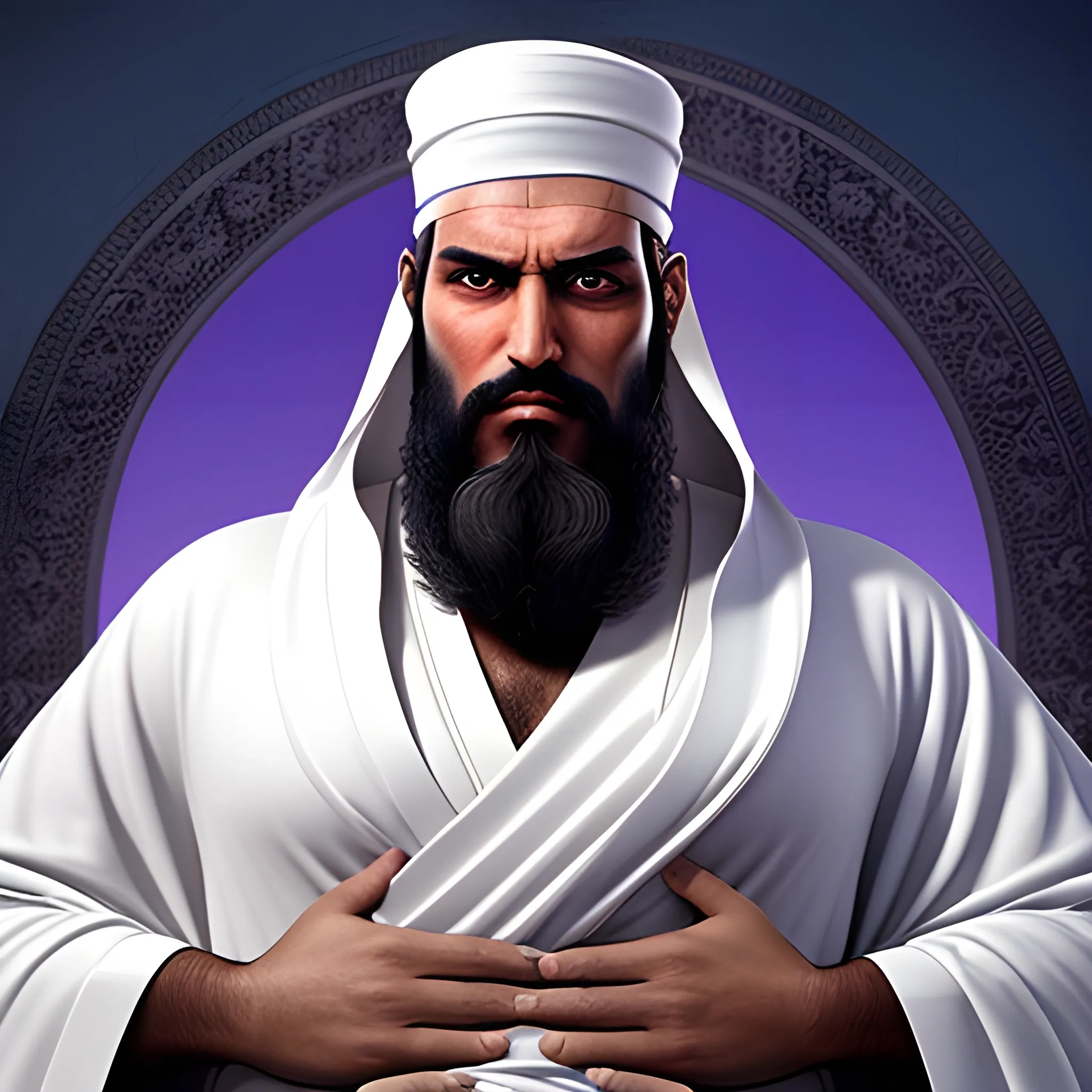 the prophet saleh, a giant man with a model like face and black beard with purple eyes and a white robe