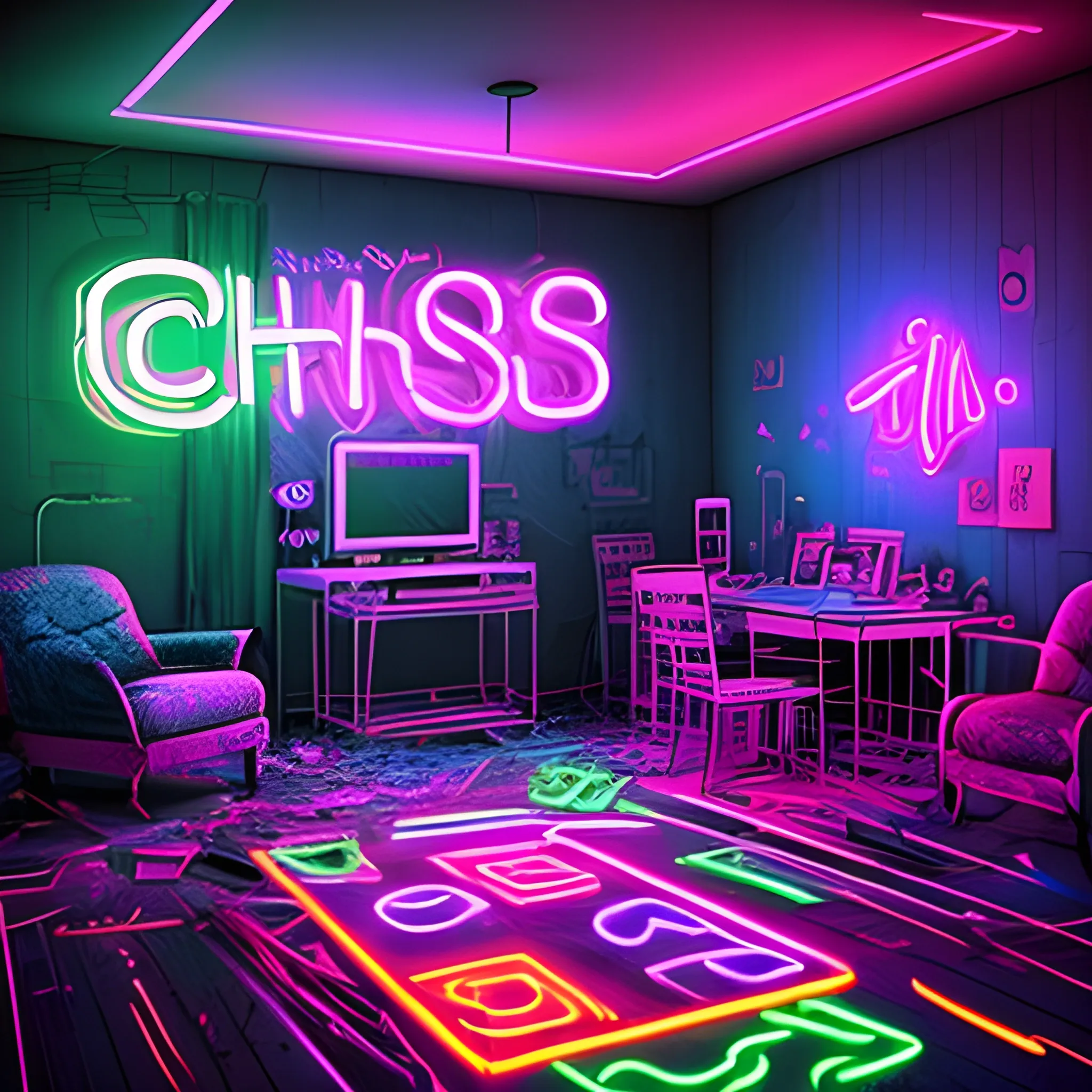 chaos in a room, neon light, Trippy