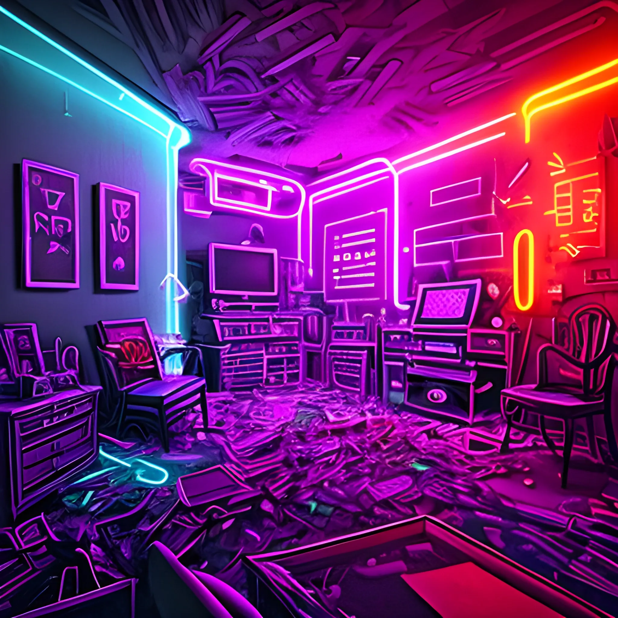 chaos in a room, neon light, Trippy