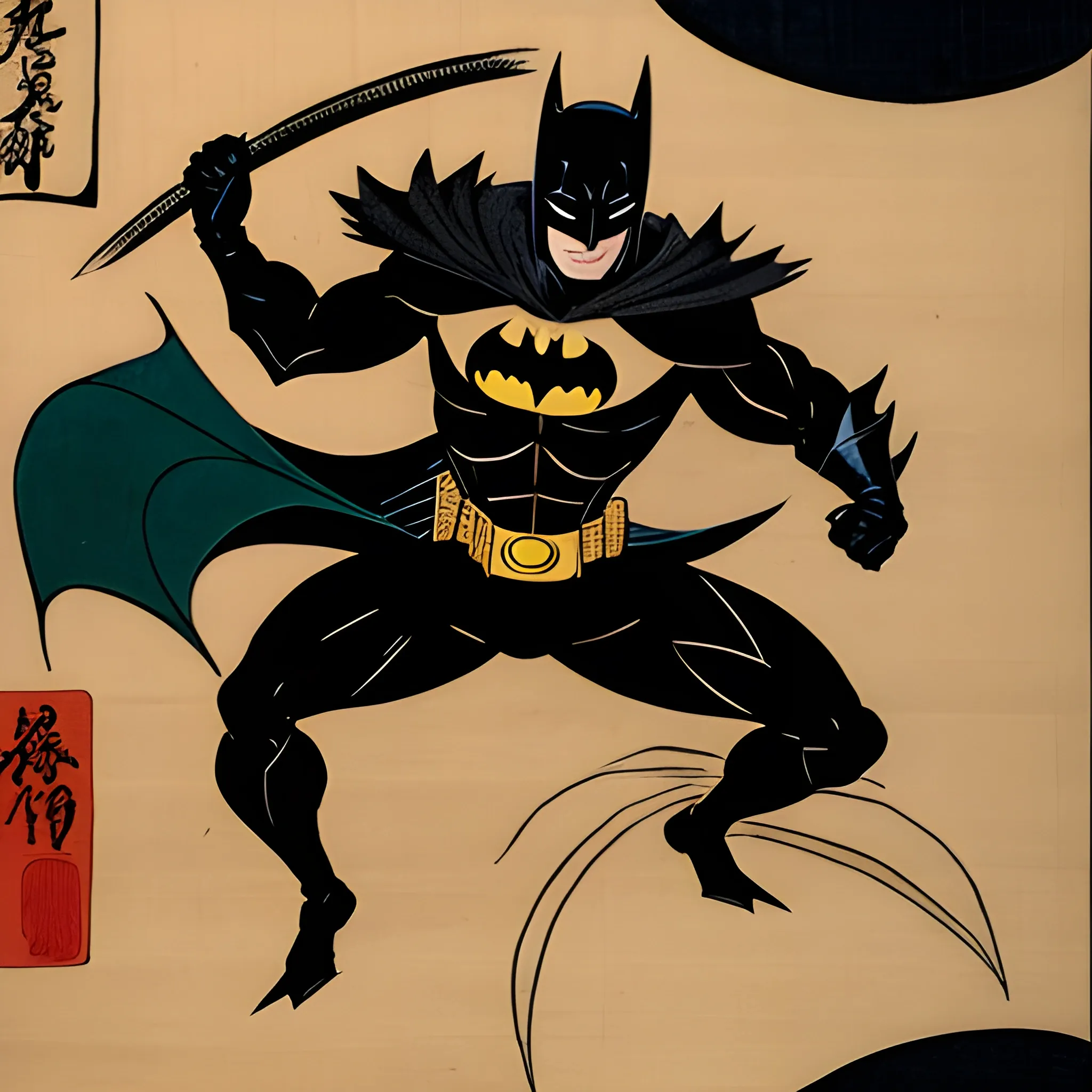 draw batman wearing a black ninja suit in the style of utagawa kuniyoshi with ancient japanese themes high quality 4k masterpiece award winning aesthetic 