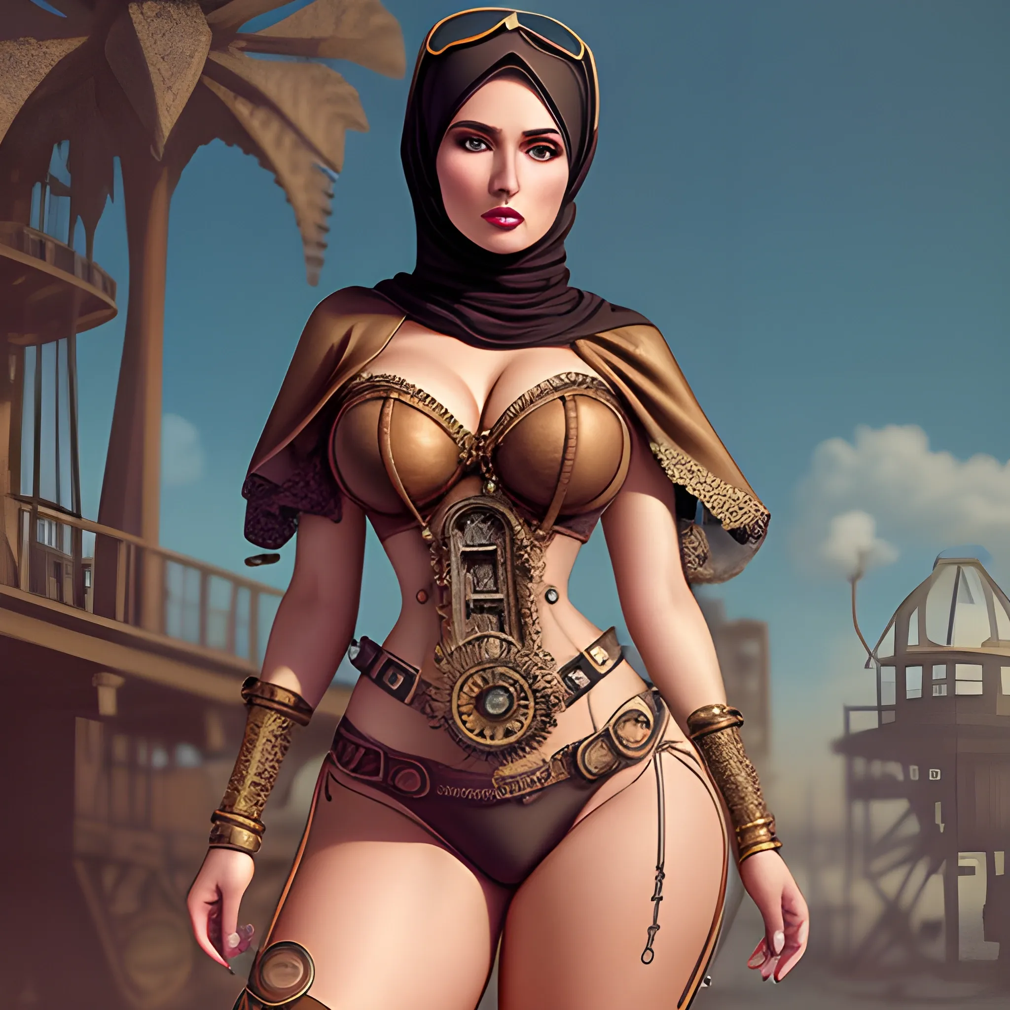 draw a steampunk hijab babe bikini with a model face and high cheekbones gears steam hyper realistic vintage thick curvy detailed masterpiece big thighs on knees