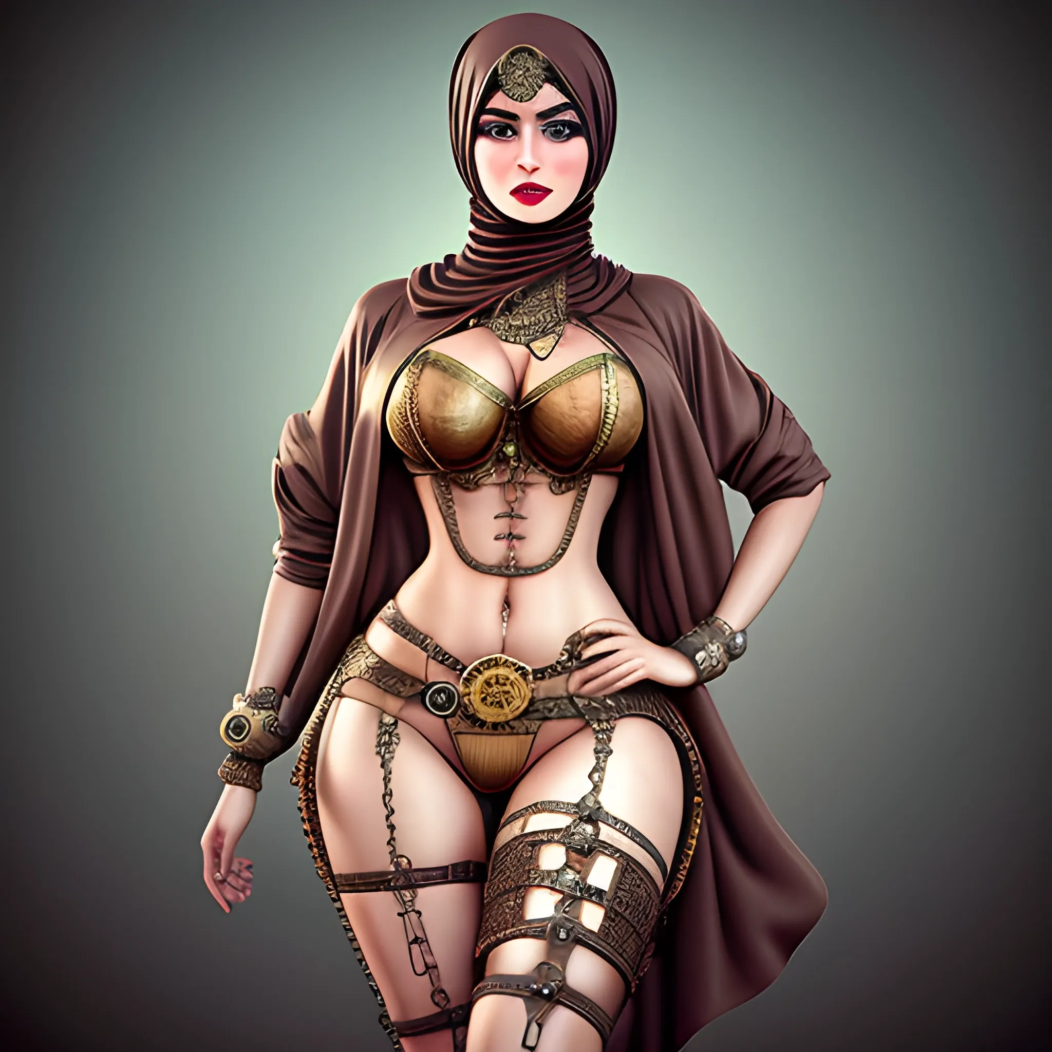 draw a steampunk hijab babe bikini with a model face and high cheekbones gears steam hyper realistic vintage thick curvy detailed masterpiece big thighs on knees transparent  BDSM submissive