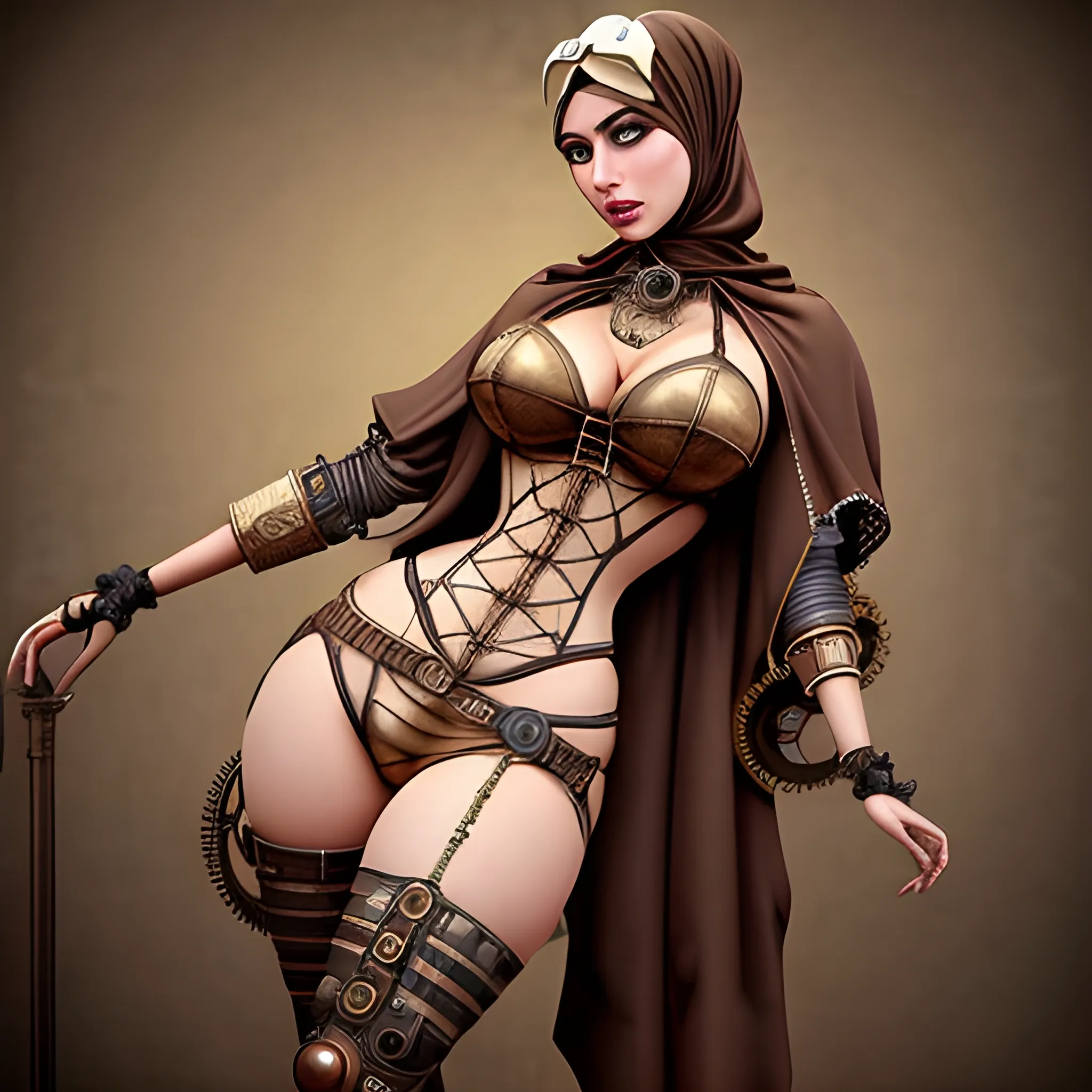 draw a steampunk hijab babe bikini with a model face and high cheekbones gears steam hyper realistic vintage thick curvy detailed masterpiece big thighs on knees transparent  BDSM submissive