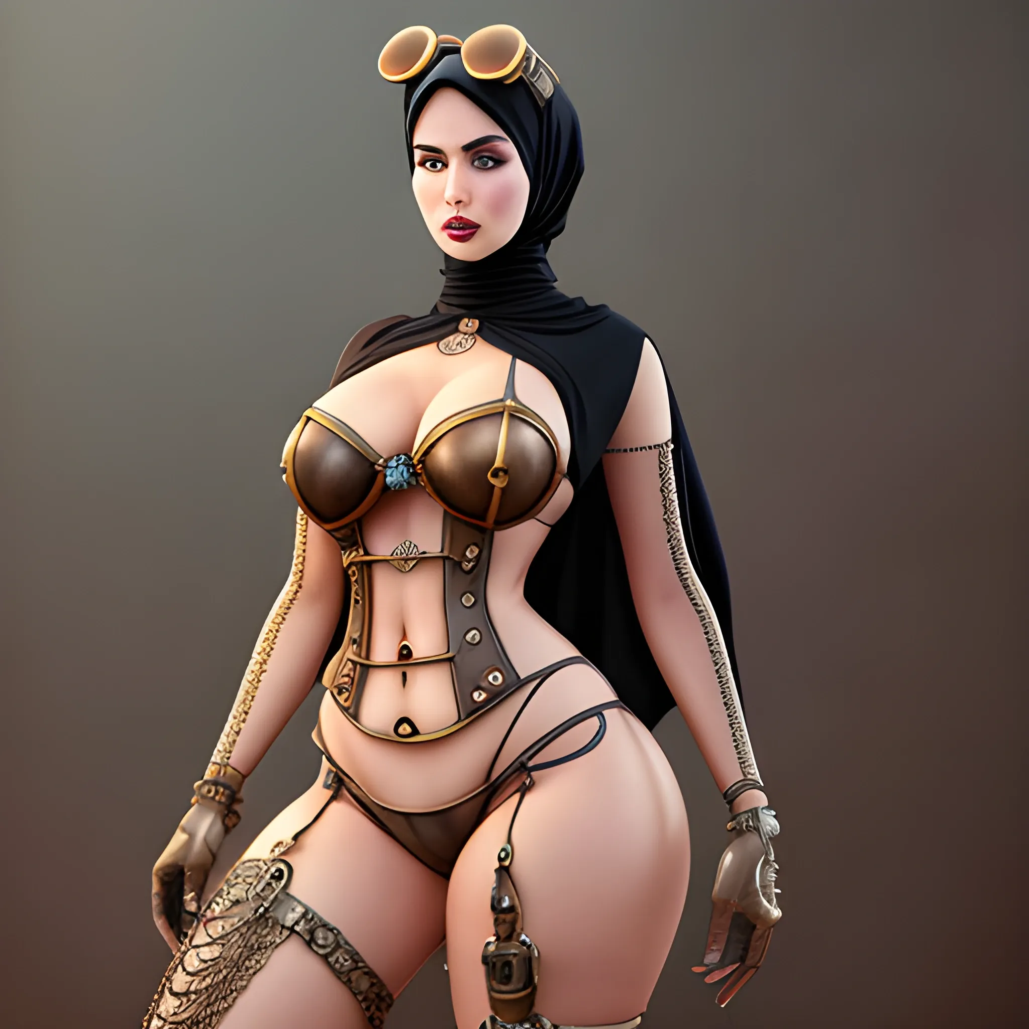 draw a steampunk hijab babe bikini with a model face and high cheekbones gears steam hyper realistic vintage thick curvy detailed masterpiece big thighs on knees transparent  BDSM submissive side view