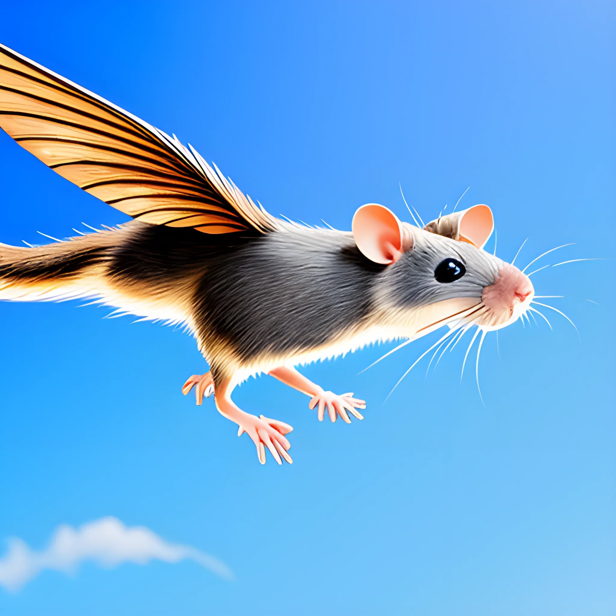 A colorful rat flying on the blue sky with white wing