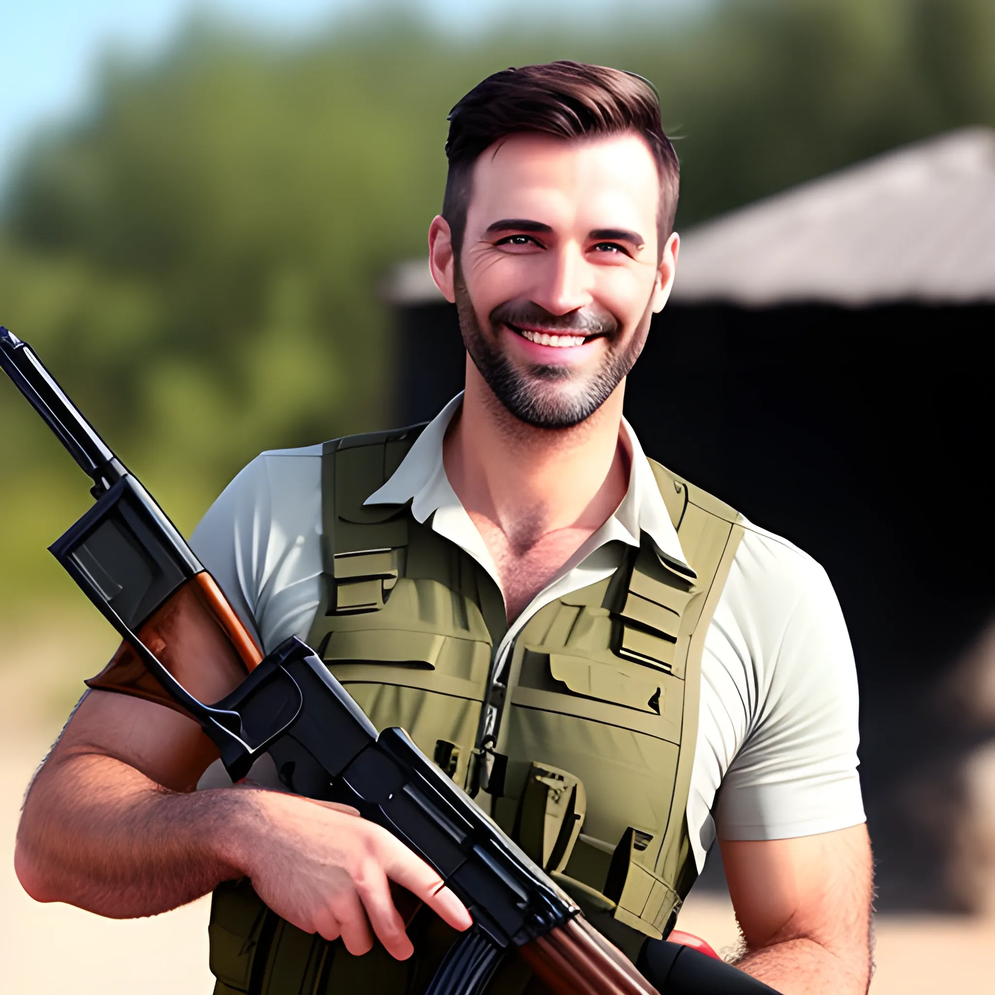 A cute boy is smiling with a ak47 gun in his hand