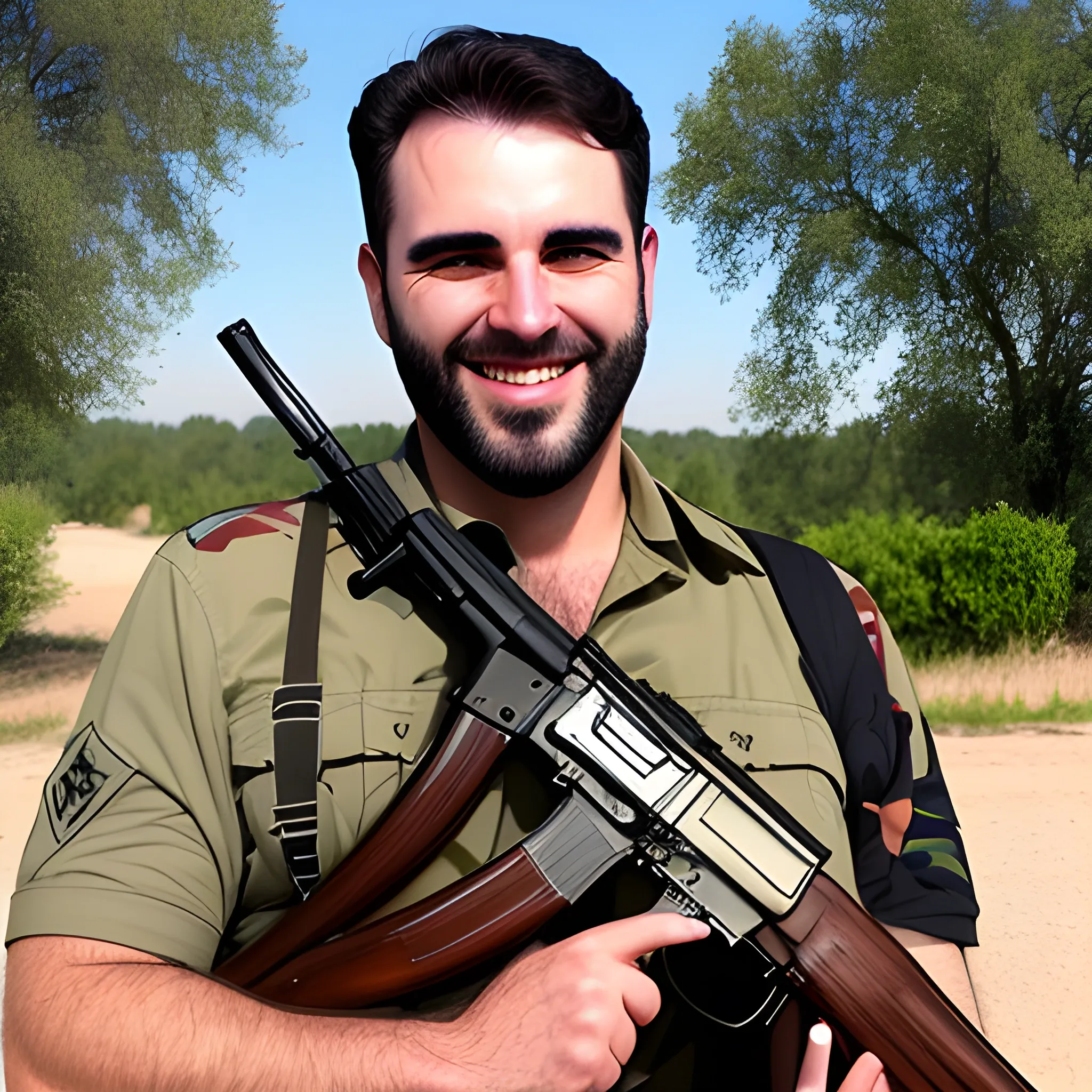 A little boy is smiling,with a ak47 gun in his hand