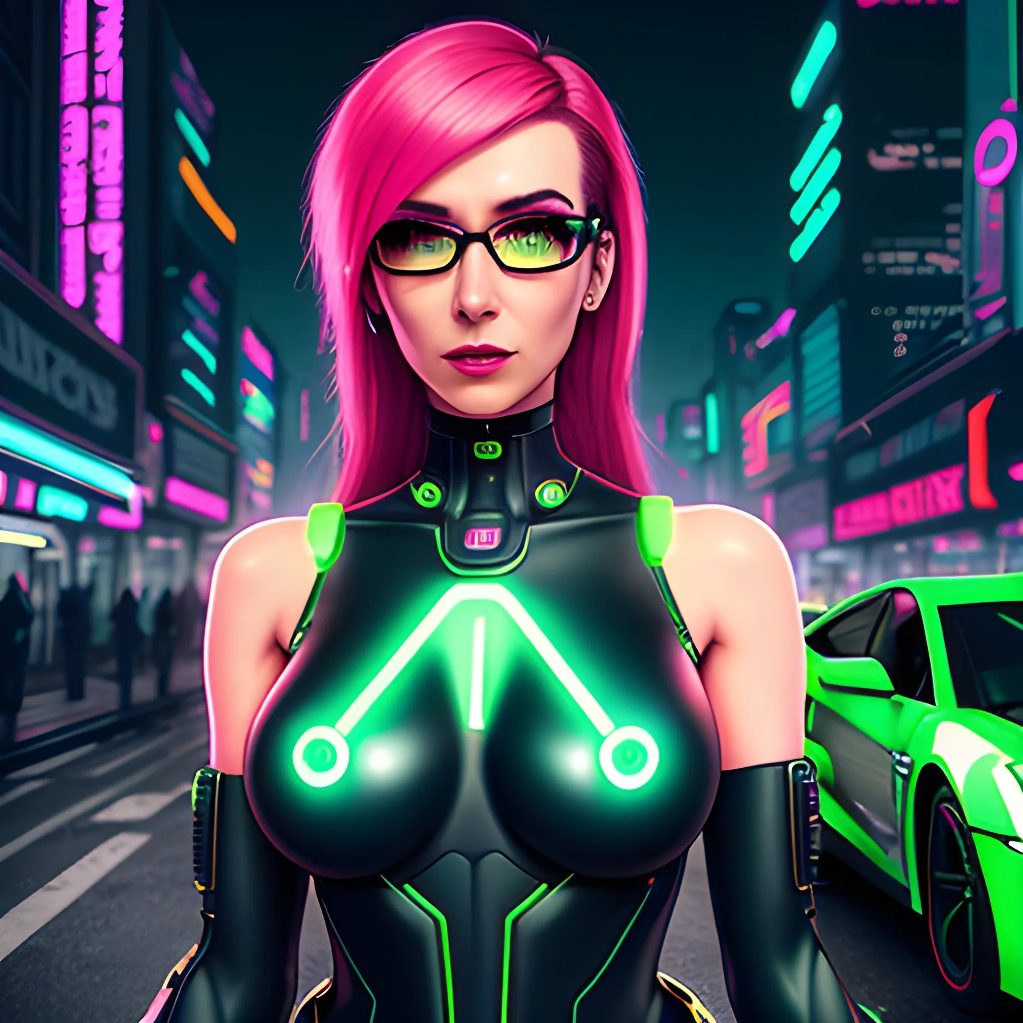  Cyberpunk cutey woman, delicate skin, high - tech light - effect body, futuristic technology,  beautiful soft skin, bare shoulders, head to waist view, small cleavage, green hair, cigarette, neon glasses, cyborg arm, in front of a cyberpunk car, neon city background, darkening, Realistic portrait, studio photography, Canon 5D，cinematic, 3 D, HD, realistic, detailed, volumetric lighting,