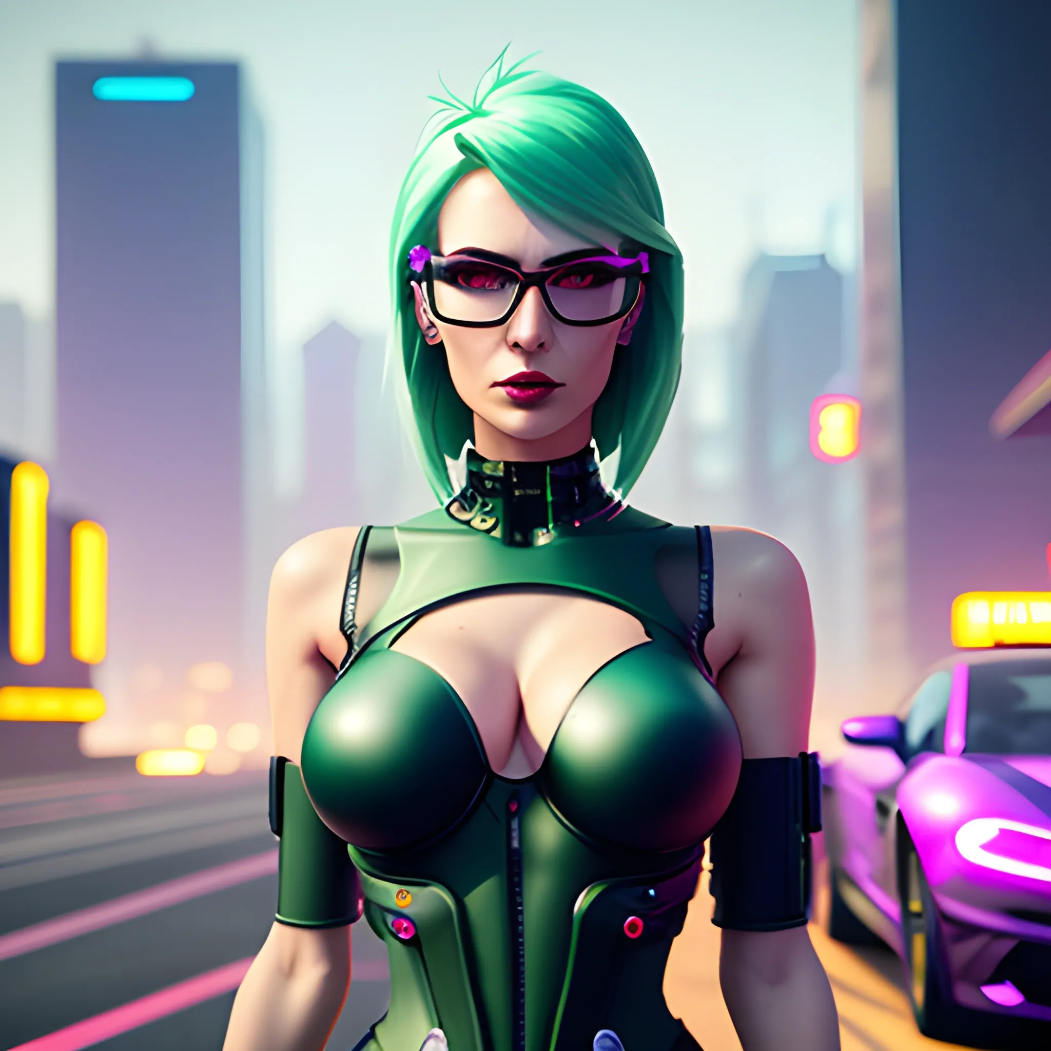  Cyberpunk cutey woman, delicate skin, high - tech light - effect body, futuristic technology,  beautiful soft skin, bare shoulders, head to waist view, small breast cleavage, green punk hair, smoking cigarette, glasses, cyborg, in front of a cyberpunk car, neon city background, darkening, Realistic portrait, studio photography, Canon 5D，cinematic, 3 D, HD, realistic, detailed, volumetric lighting,