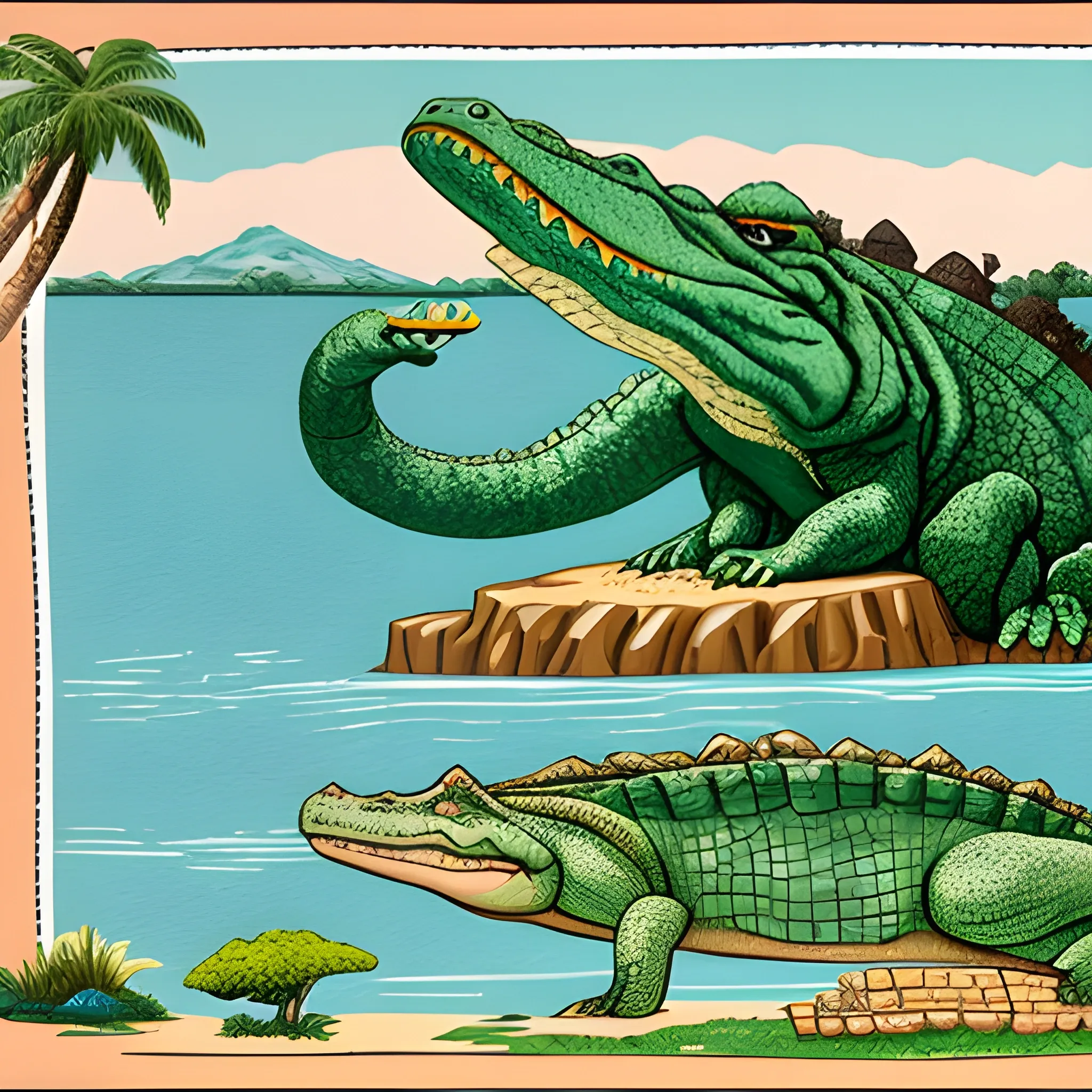 a giant crocodile with an island on its back and a tribe living on the crocodile.