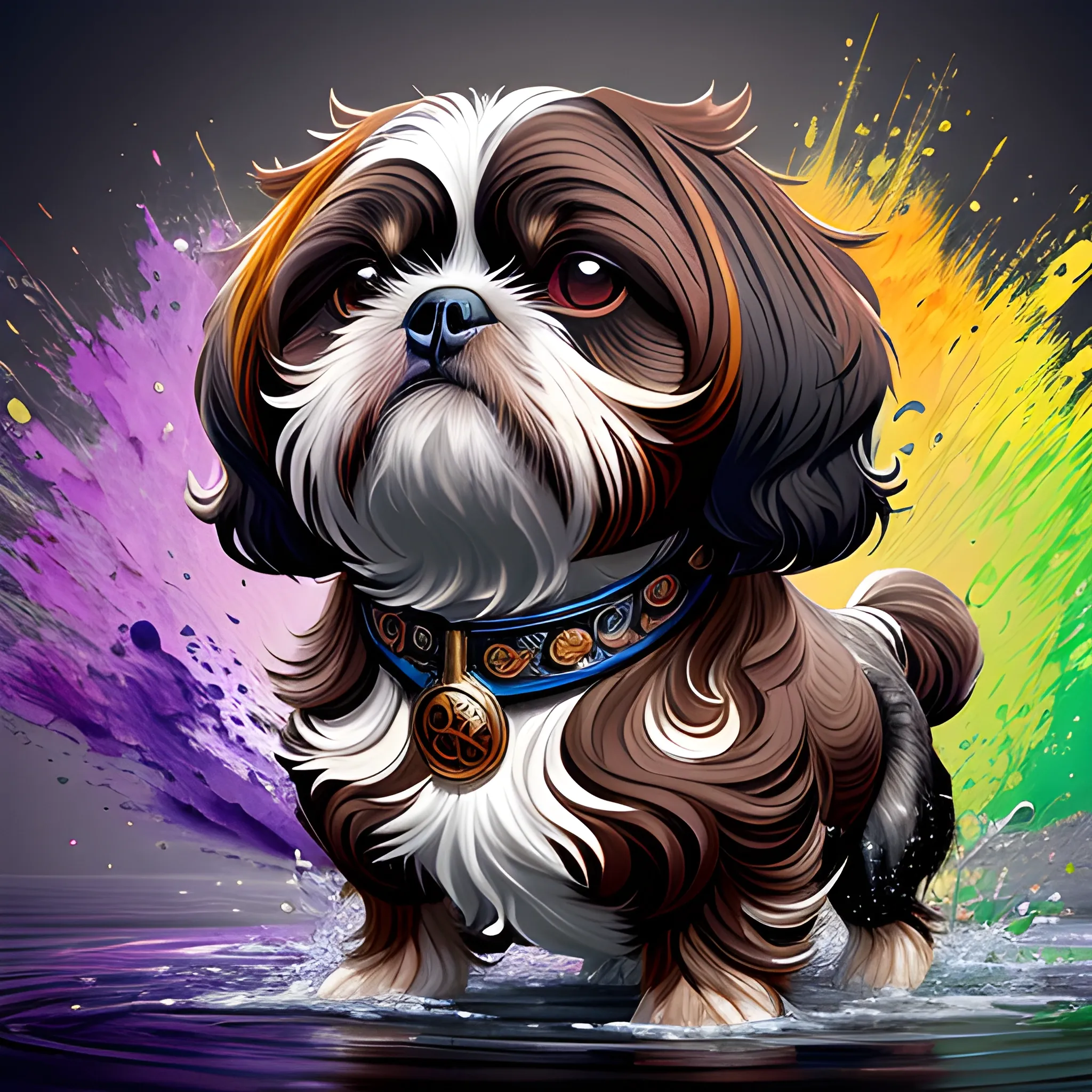 splash art, a black and brown liquid shihtzu with long hair and brown face, splash style of colourful paint, hyperdetailed intricately detailed, fantastical, intricate detail, splash screen, complementary colours, fantasy, concept art, 8k resolution