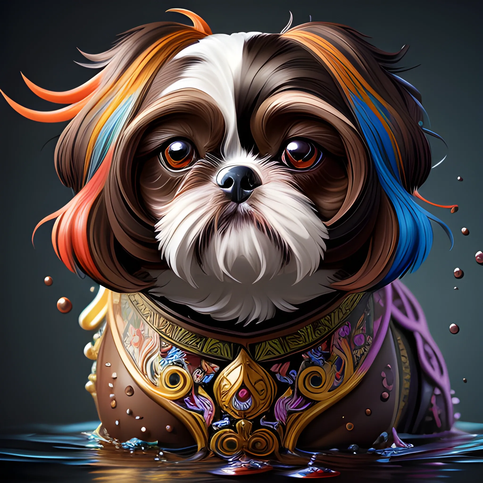 splash art, all dark and brown liquid shihtzu with long hair and brown face, splash style of colourful paint, hyperdetailed intricately detailed, fantastical, intricate detail, splash screen, complementary colours, fantasy, concept art, 8k resolution