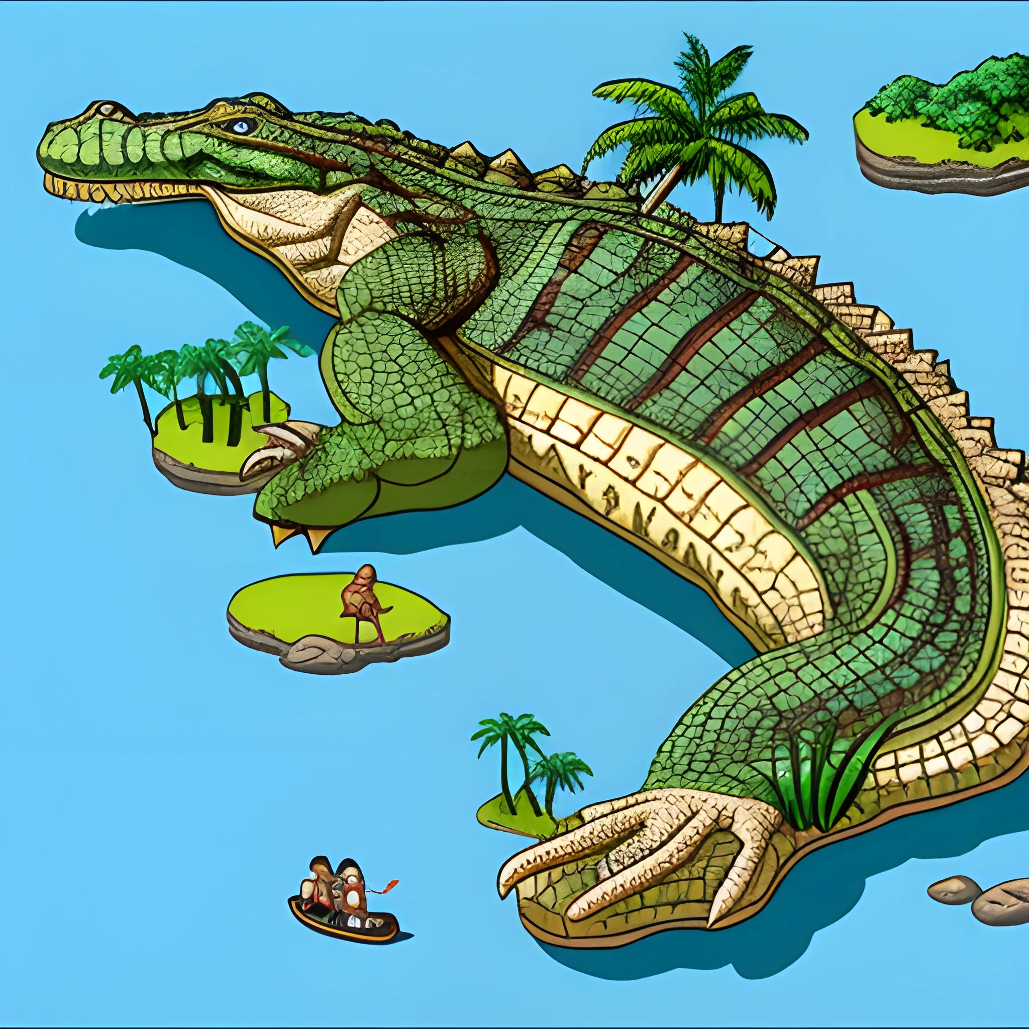 a giant crocodile with an island on its back and a tribe living on the crocodile.