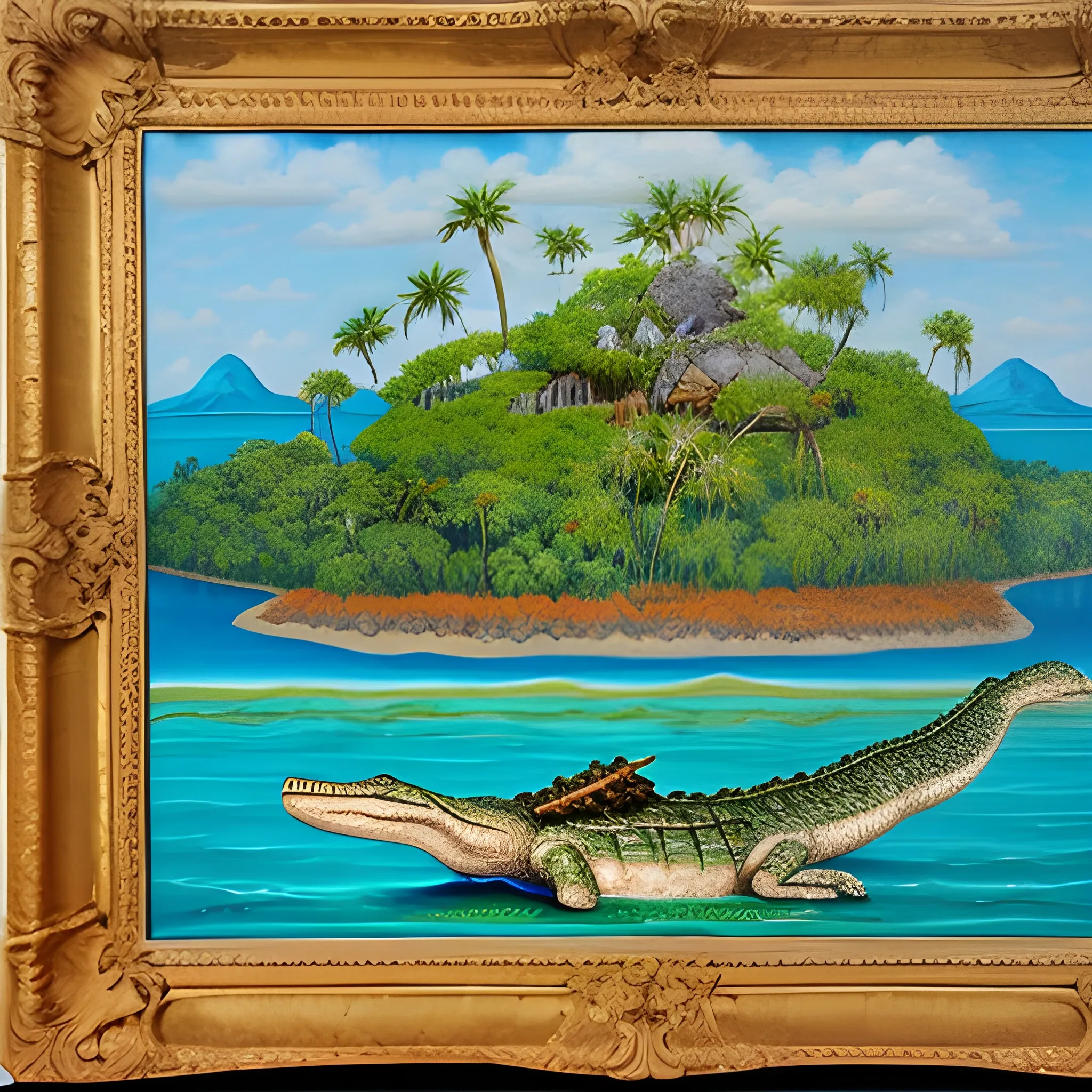 a giant crocodile with an island on its back and a tribe living on the island, Oil Painting