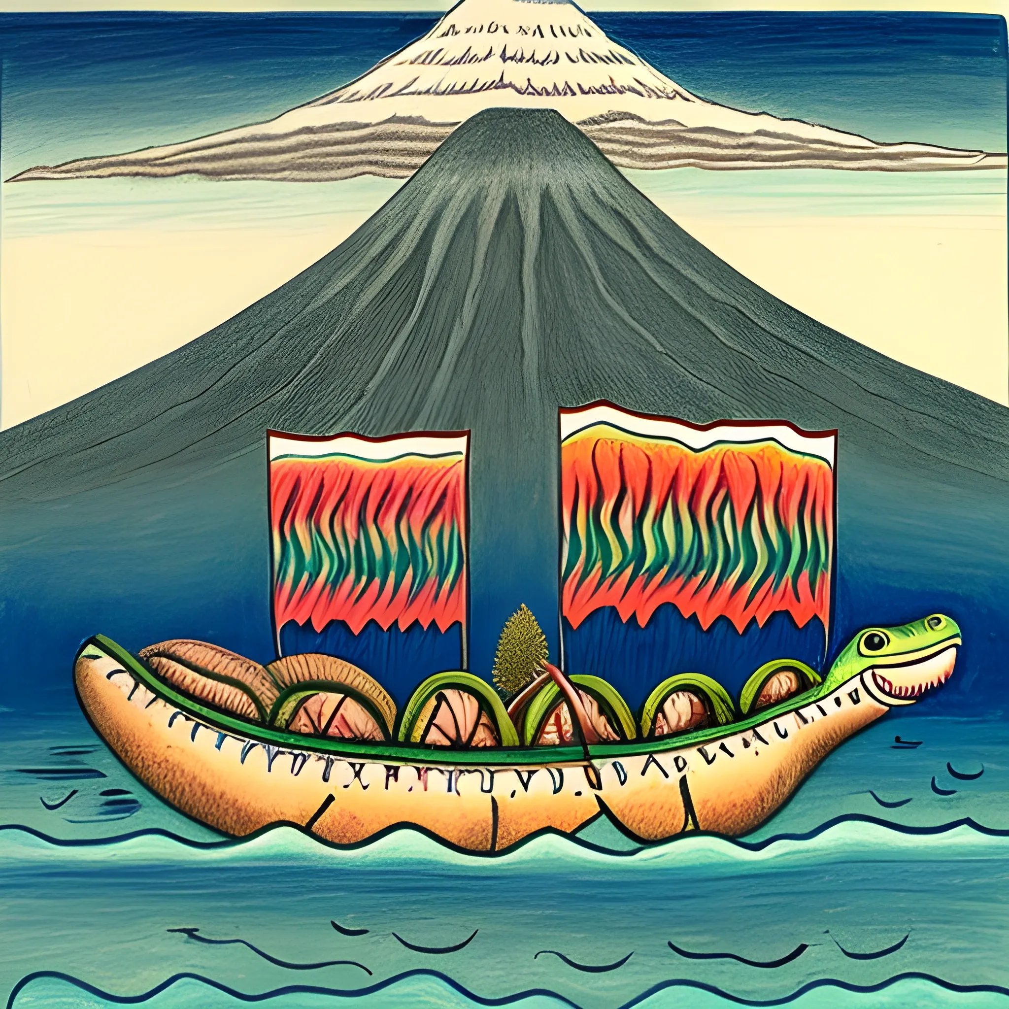 a native American drawing of a Crocodile in the ocean with a Volcano on its back. 